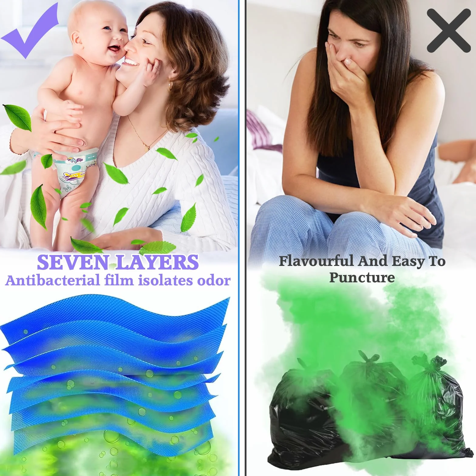 Zestaw 15 wkładów do kosza na pieluchy 4,5 m – Kompatybilne z Tommee Tippee Twist & Click, Sangenic Tec, Simplee – Szczelne, Materiał EVOH, Ekologiczne & Fioletowa folia zapachowa