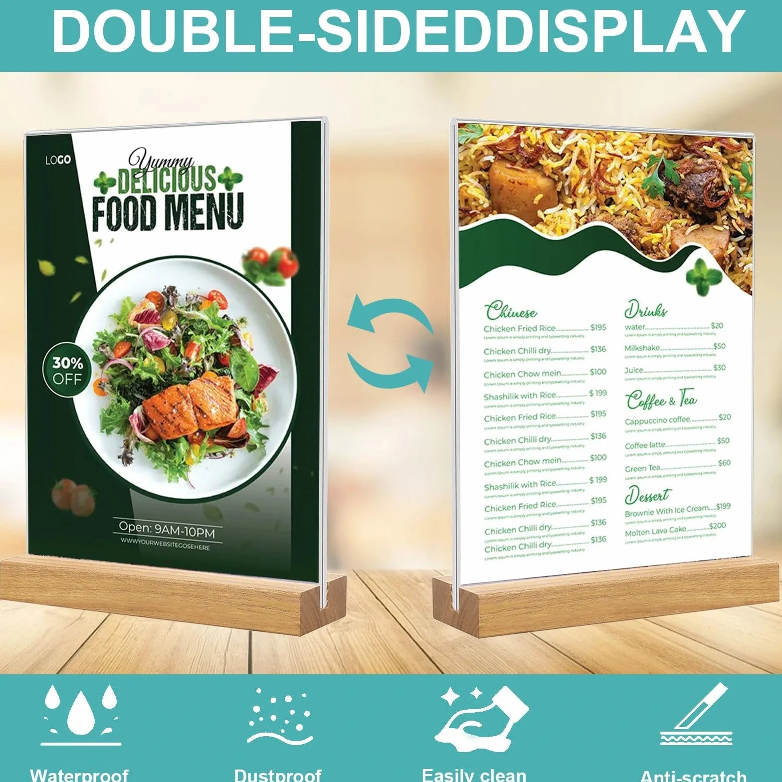 2 sztuki A5, akrylowy stojak na menu z dwustronną drewnianą nóżką, uchwyt na plakat w kształcie litery T, pionowy stół do reklam, zdjęć, menu, ulotek (21 x 15 cm)