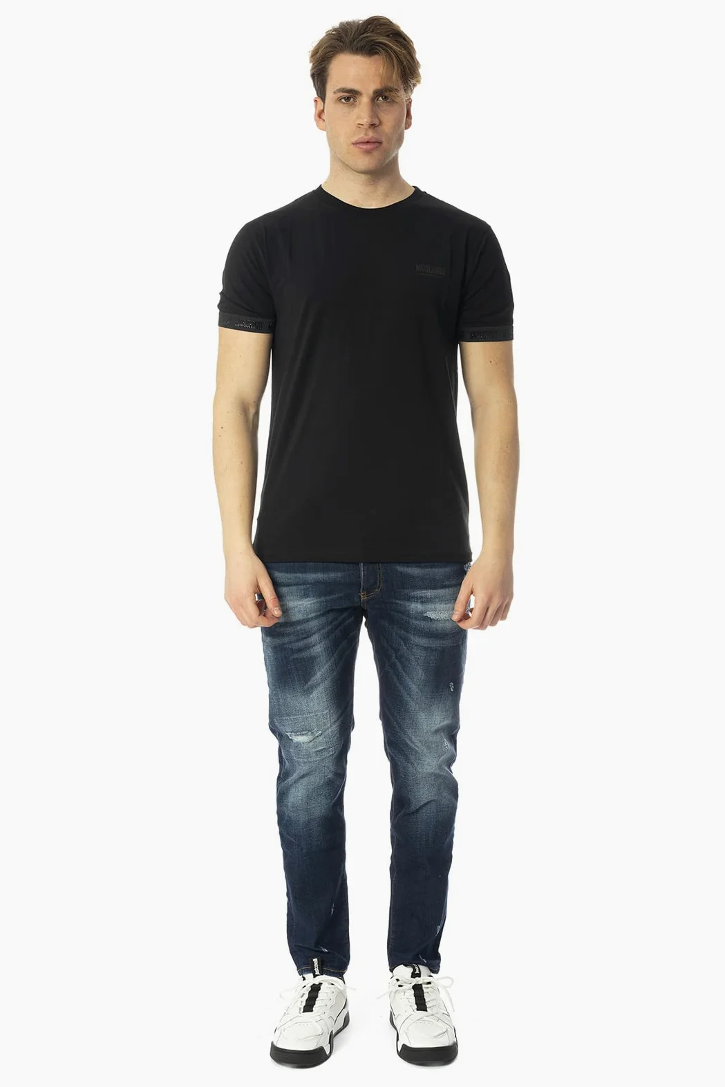Moschino T-Shirt Mężczyźni Czarny T-Shirt Casual z logo z rękawem i klatki piersiowej