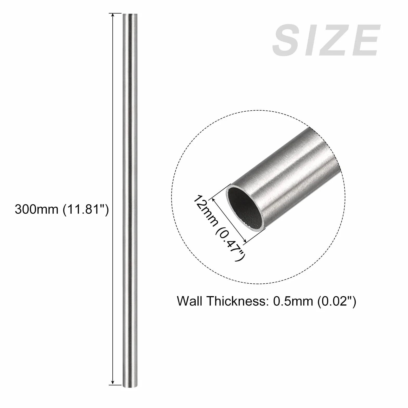 METALLIXITY Rura ze stali nierdzewnej 304 (12 mm AD x 0,5 mm gł. x 300 mm dł.), prosta rura – do tekstyliów domowych, maszyn