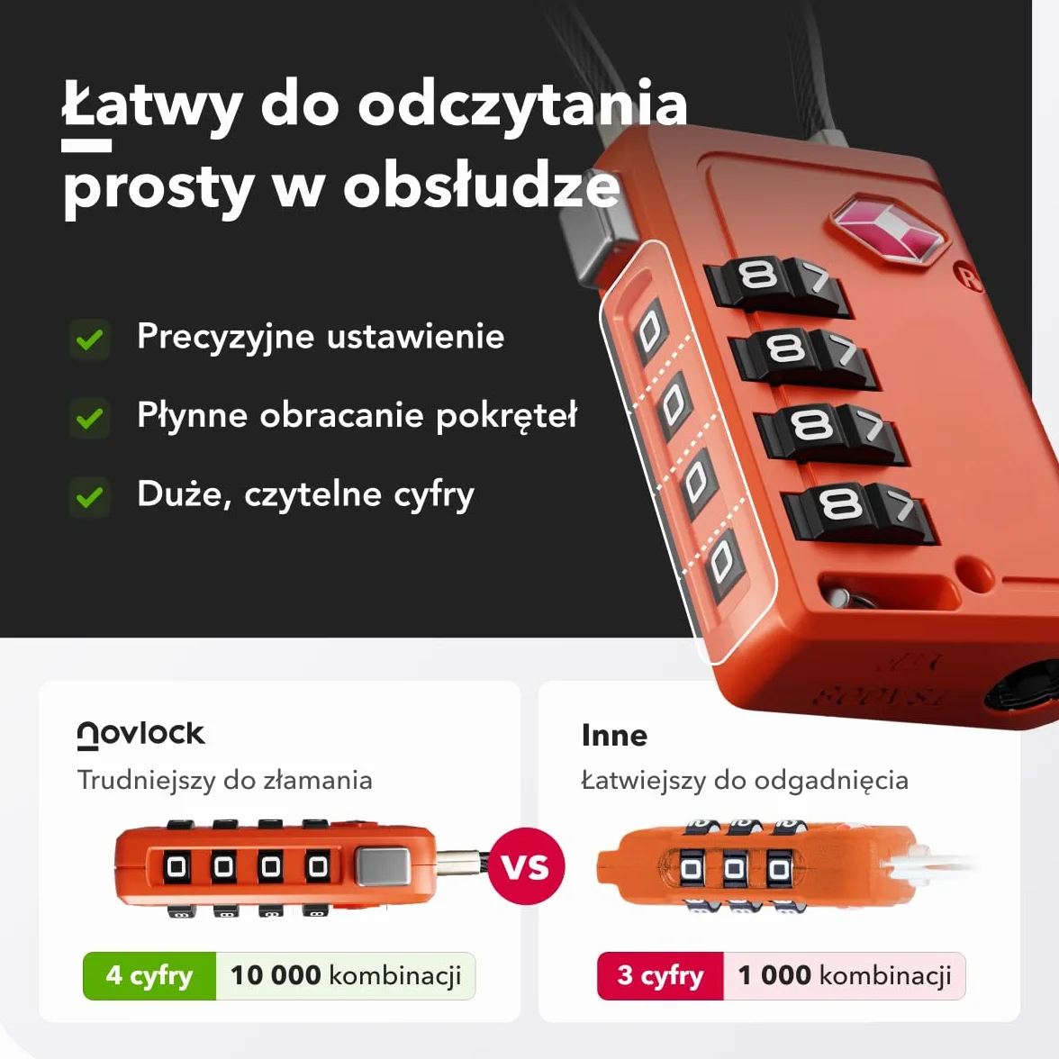 Kłódki TSA ze Wskaźnikiem Otwarcia – 4-cyfrowe Szyfrowe Zamki do Walizek, Plecaków, Bagażu i Szafek – Zamki Podróżne z Elastyczną Stalową Linką, Zestaw 2 Pomarańczowe