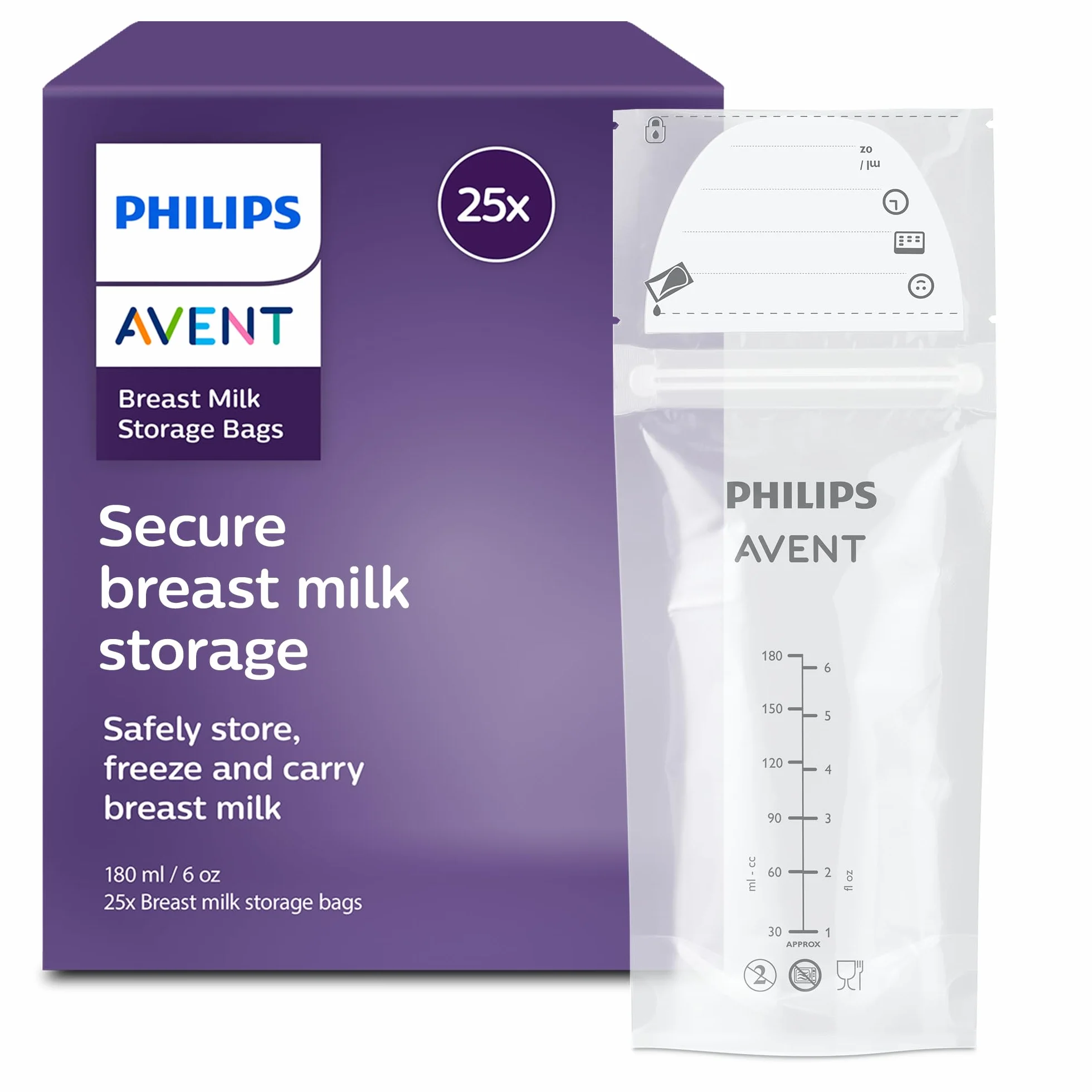 Philips Avent Woreczki do przechowywania pokarmu, Wysterylizowany, Szeroki otwór, Wykonany z materiału niezawierającego bisfenolu A, Solidność i wytrzymałość, 180 ml, 25 woreczków, SCF603/25