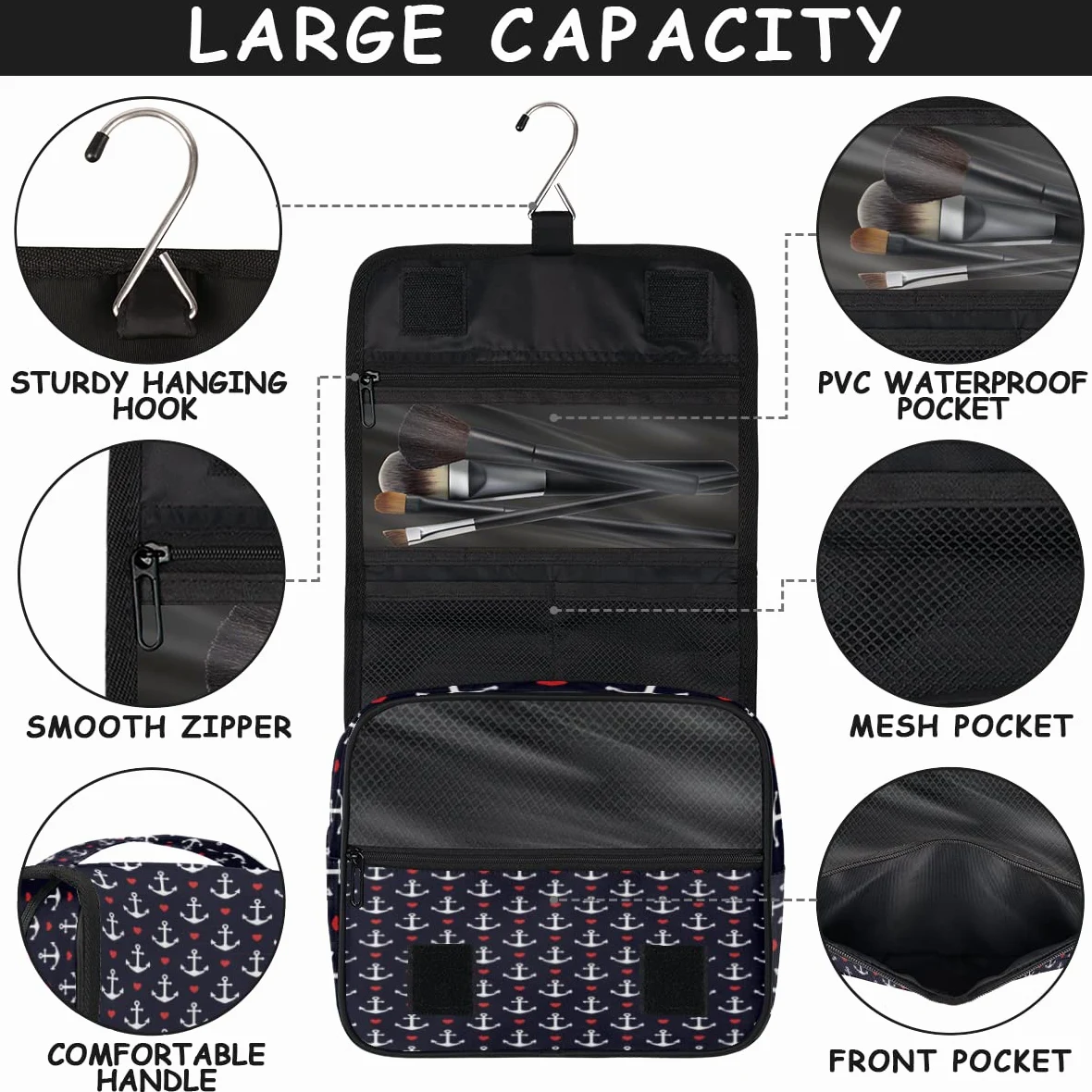 Kotwy Podróżna kosmetyczka Kotwy Serca Mycie Torba Unisex Wiszące przybory toaletowe Kosmetyczka Organizer do makijażu, wielobarwny, Jeden rozmiar