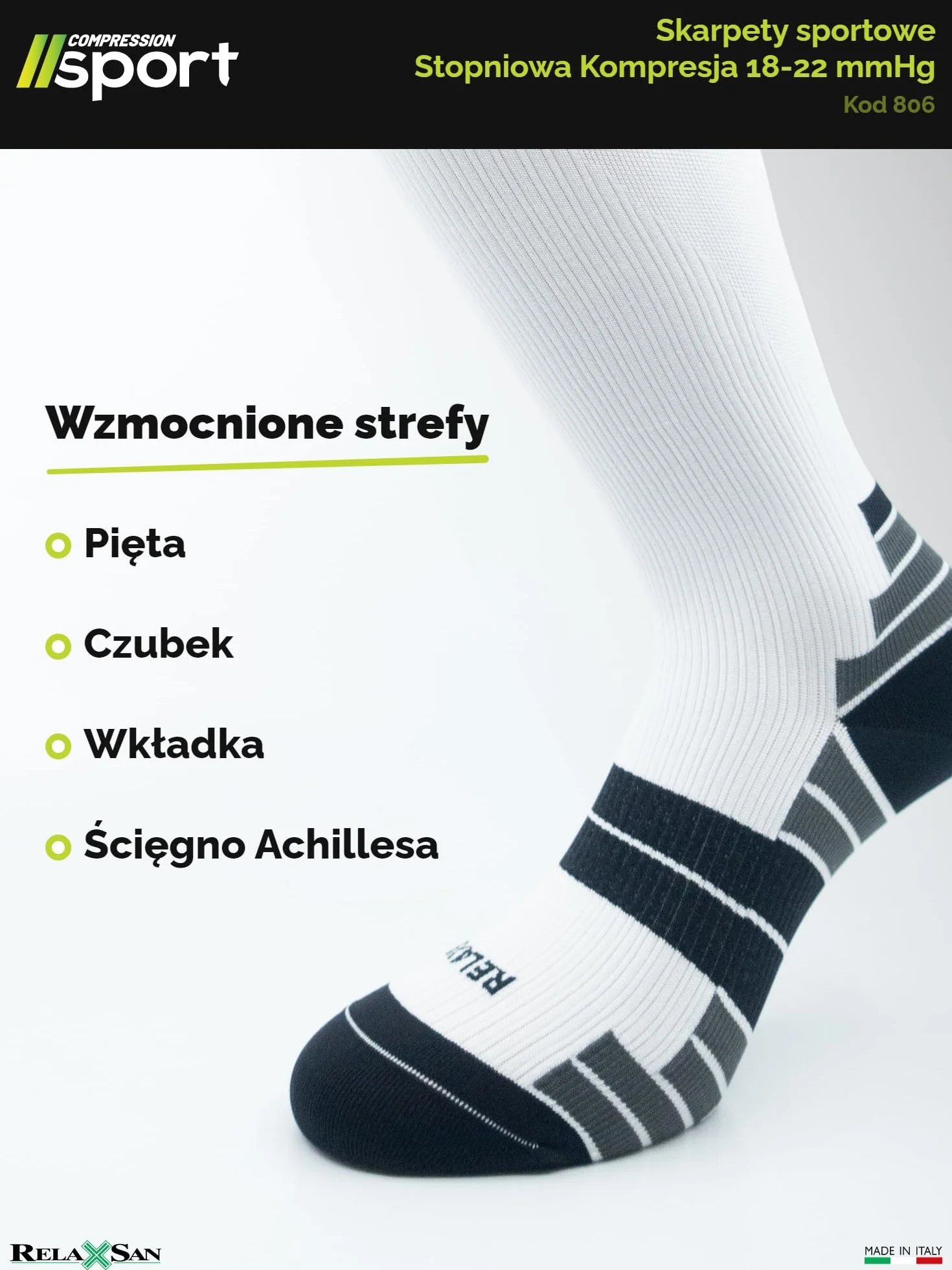 Relaxsan Skarpety Kompresyjne Sportowe dla Mężczyzn i Kobiet, 18-22 mmHg, Oddychające, Made in Italy, 806