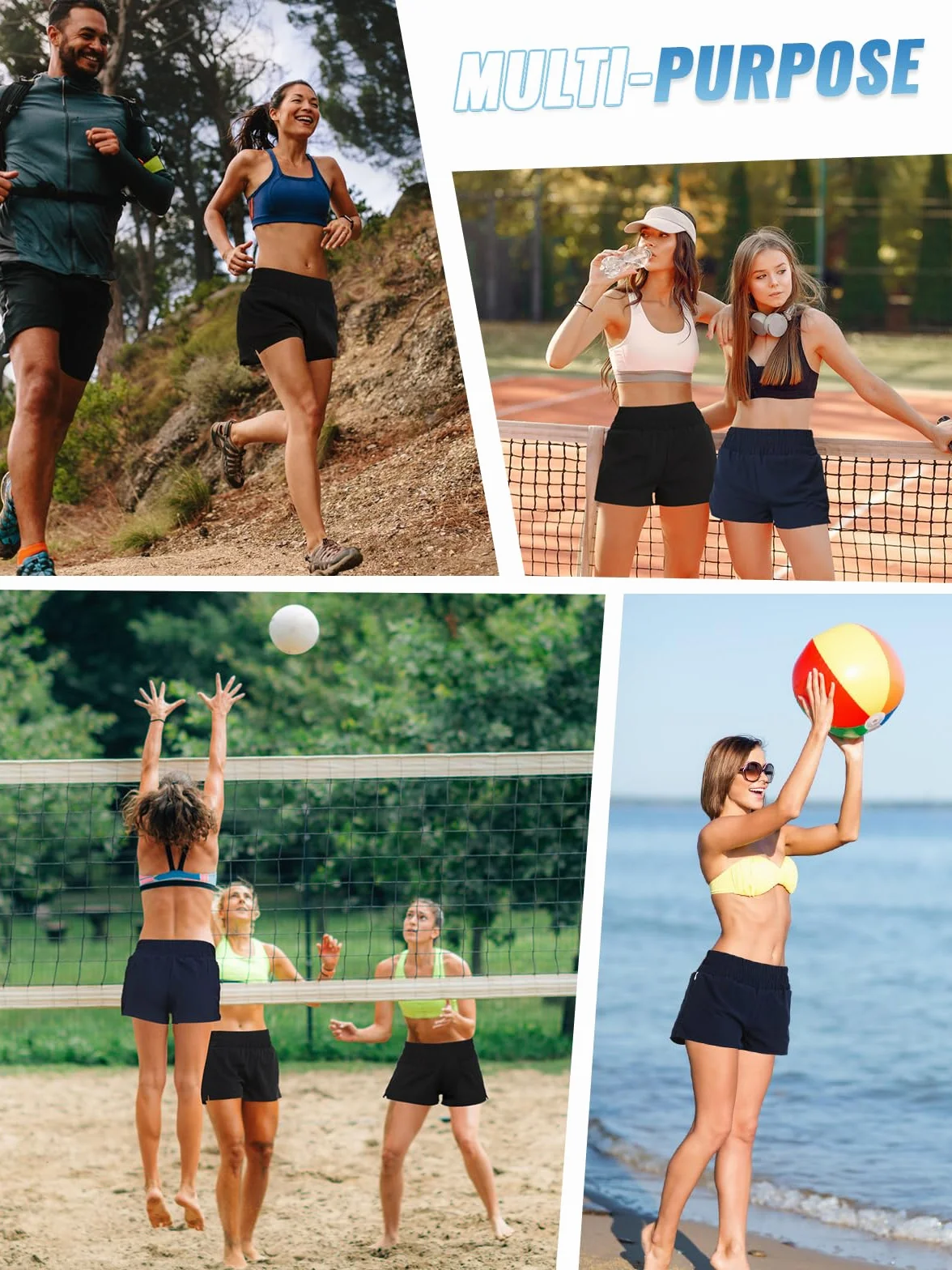 Soudittur Damskie spodenki do biegania, damskie spodenki sportowe 2 w 1 z kieszeniami, szybkoschnące na plażę, lato, siłownia, joga, fitness