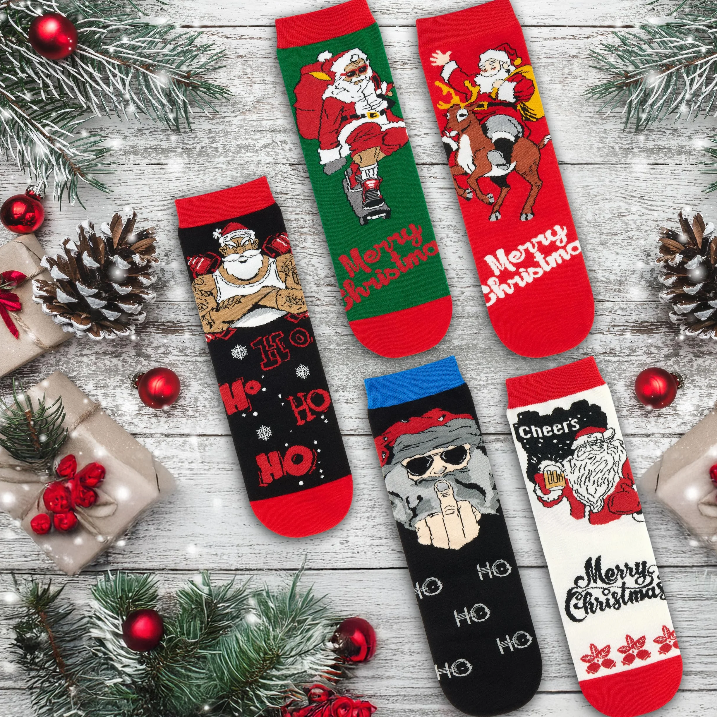 BRUBAKER 5 Par Skarpetek Świątecznych - Cool Santa - Kolorowe i Stylowe Skarpetki Bożonarodzeniowe dla Mężczyzn - Zabawny Zestaw Skarpet Męskich - Bawełniane Stopki z Mikołajem - Rozmiar 41-45
