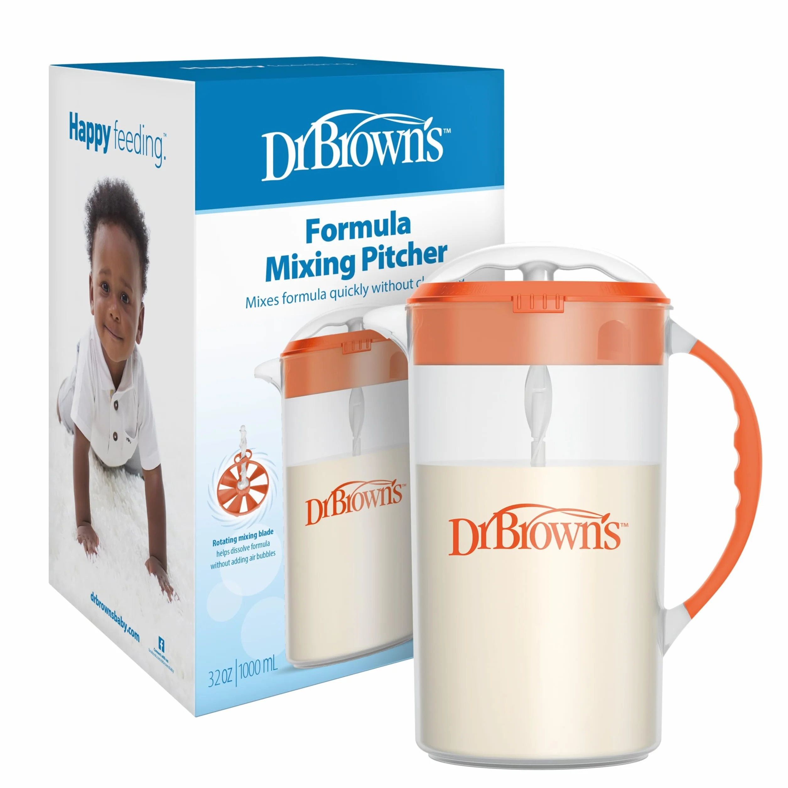 Dr. Brown's Baby Formula Dzbanek do mieszania z regulowaną nakrętkką, zamykana pokrywa i niekapiącą wylewką, 946 ml, bez BPA, pomarańczowy, 32 ounce