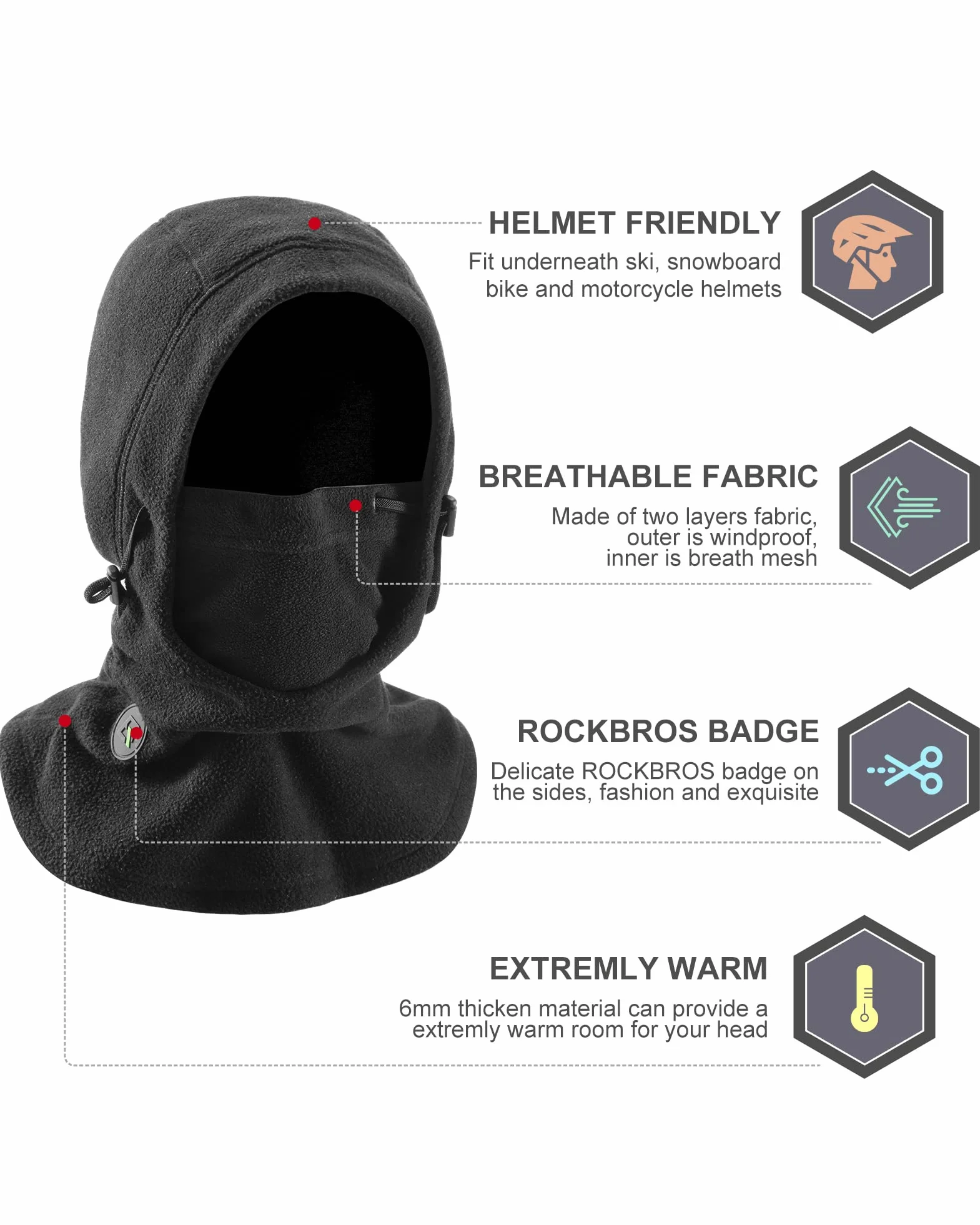 ROCKBROS Kominiarka na twarz, balaclava zimowa maska narciarska dla kobiet/mężczyzn, ciepła maska snowboardowa, do sportów outdoorowych, rowerów, motocykli, uniseks