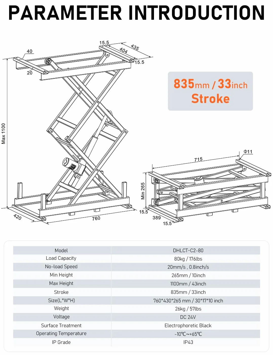 DIHOOL Elektryczne stoły podnoszące 80 kg Obciążenie, 265-1100 mm Regulowany wysokościowo stół nożycowy,sterowanie pedałem