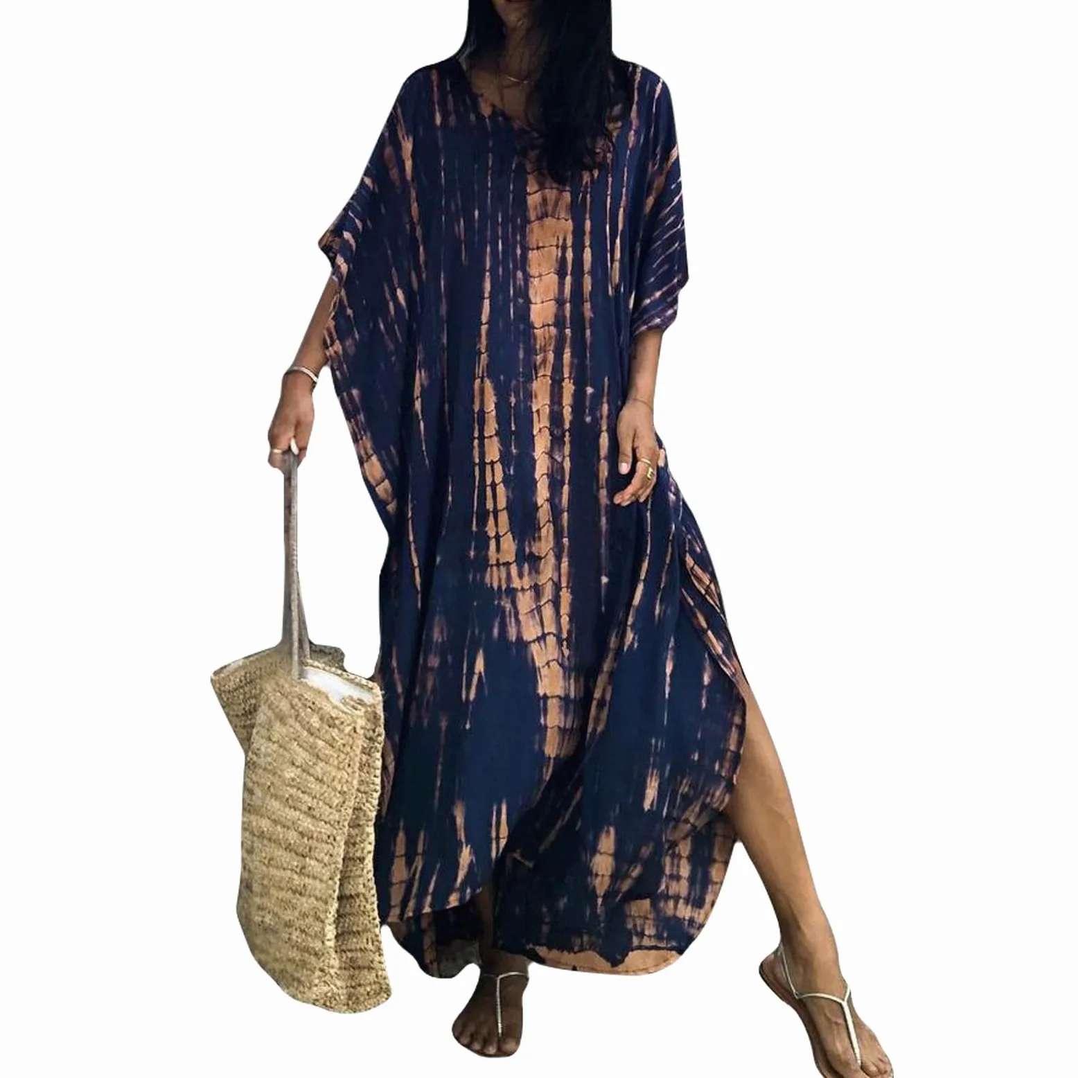 Damska sukienka kaftanowa luźna tunika z krótkim rękawem kimono strój kąpielowy plażowy