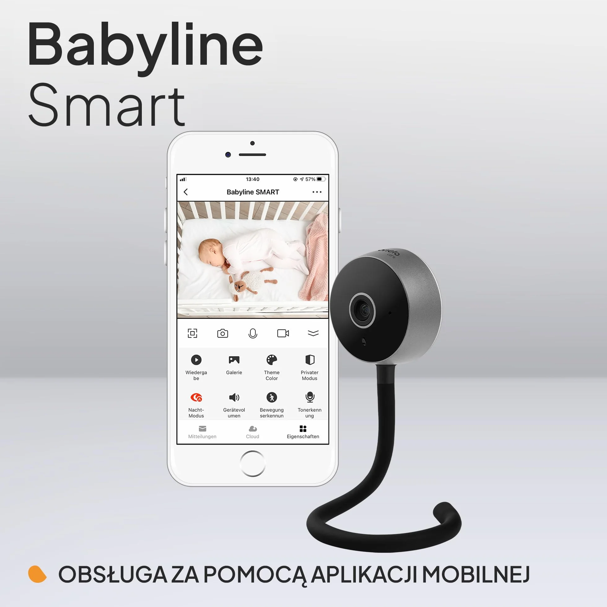 Lionelo Care Babyline Smart inteligentna elektroniczna elektroniczna niania niania, kamera dla niemowląt, Wi-Fi, aplikacja mobilna, wykrywanie ruchu i hałasu, widoczność w ciemności