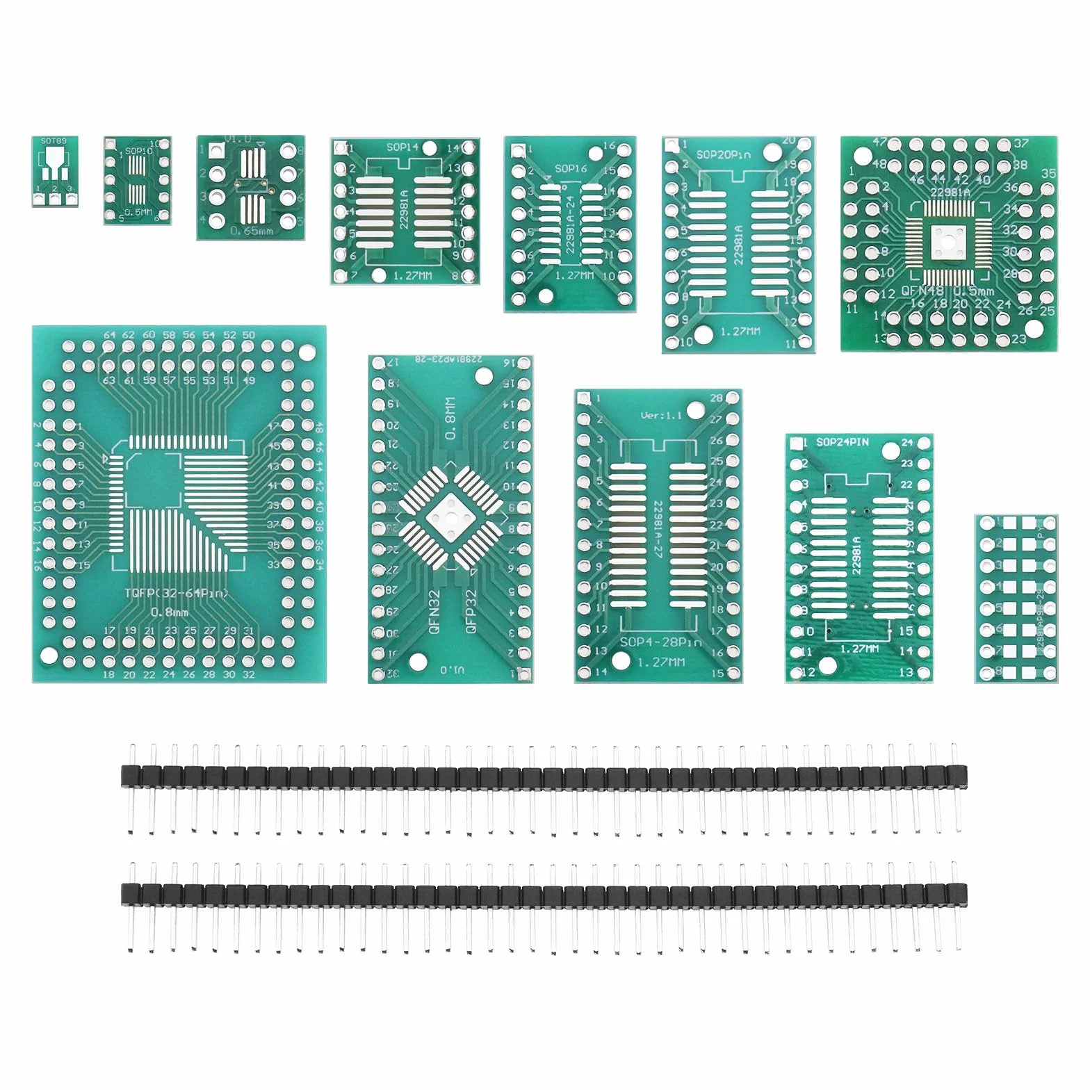 51 szt. 12 rodzajów SMD do DIP adapter płytki zestaw SOP8 SOP10 SOP14 SOP16 SOP20 SOP24 SOP28 0402/0603/0805 SMT SOT89/SOT223 TQFP100 QFN32 QFN44 /48 z 40 szt. 2,54 mm nagłówek pinów