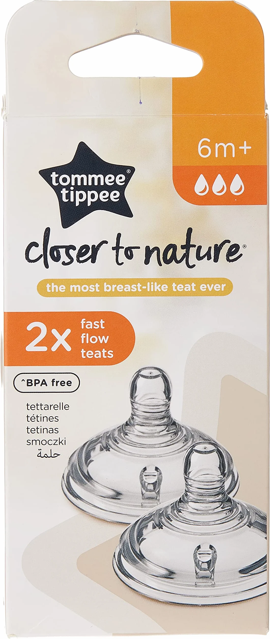 Tommee Tippee Closer to Nature Smoczki do butelki dla niemowląt, podobne do piersi, zawór antykolkowy, miękki silikon, szybki przepływ, od 6 miesięcy, opakowanie 2 szt