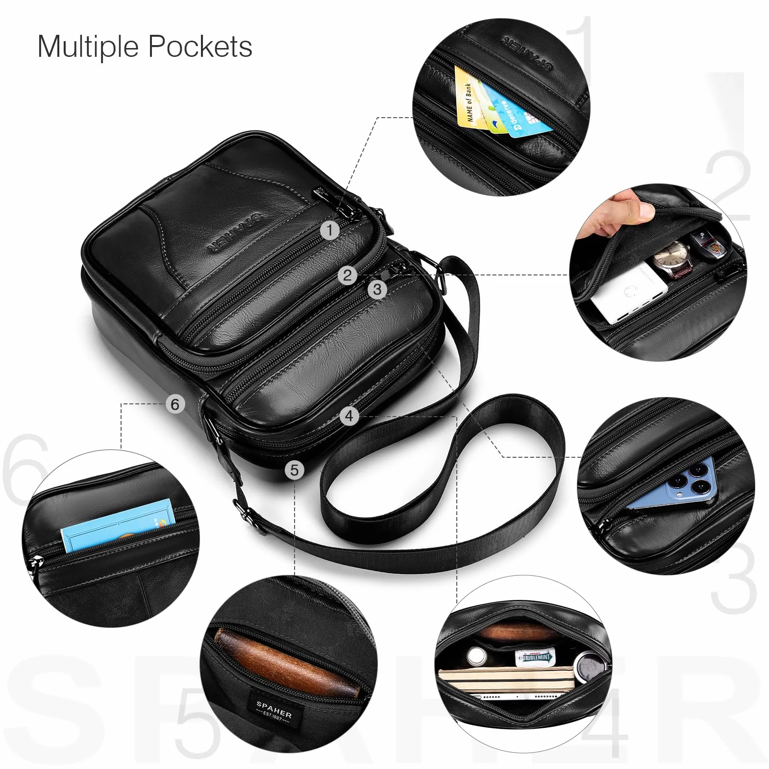 SPAHER Męskie Torby na Ramię Skórzana Torba Podręczna na Ramię Męska Duża Torebka Listonoszka Saszetka Męska Skórzana Shoulder Messenger Crossbody Bag Men Hand Bag