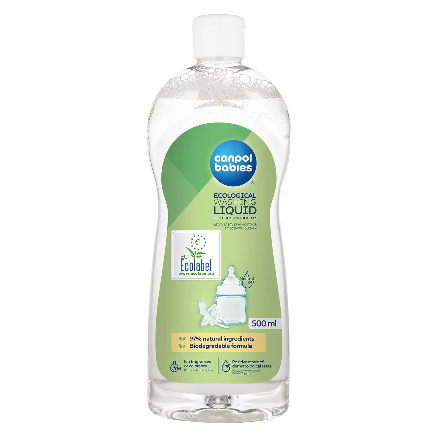 Canpol babies Ekologiczny płyn do mycia smoczków i butelek 500 ml, Usuwa resztki mleka i pokarmu, 97% składników pochodzenia naturalnego, Bez zapachu i barwników, Hipoalergiczny
