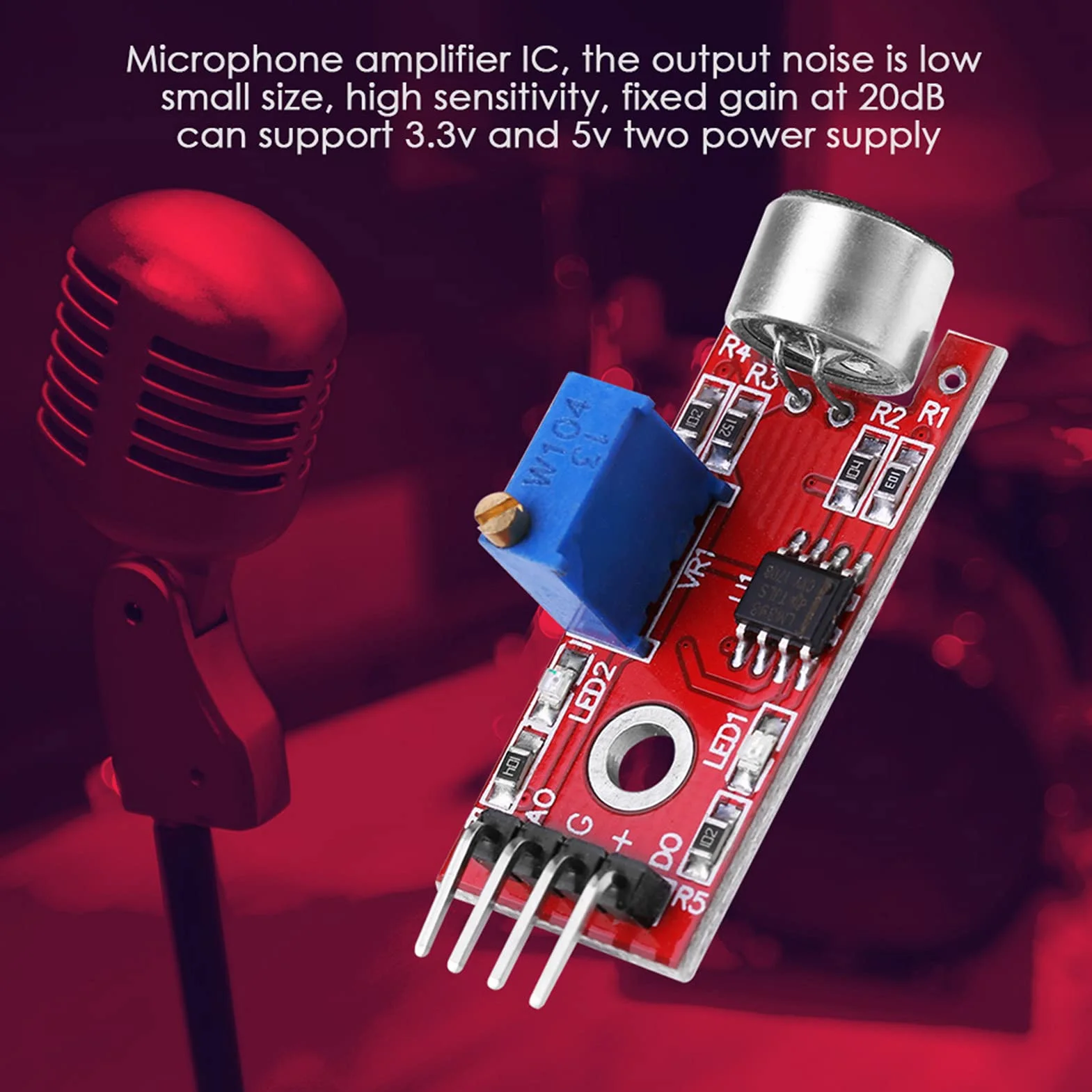 Czujnik Mikrofonu, moduł Mikrofonu DC3.3V 5V, moduł Wzmacniacza Audio Mikrofonu o Wysokiej Czułości Wyjście 20dB Zysk Niski Poziom Hałasu, Narzędzia