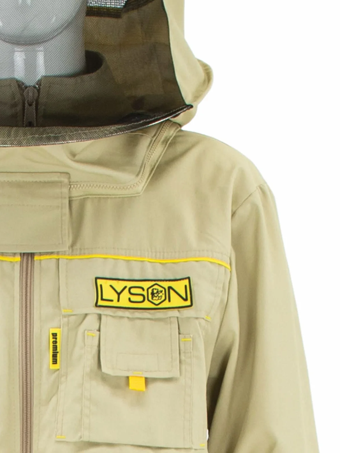LYSON Bluza rozpinana z kapeluszem Kurtka pszczelarska PREMIUM LINE Rękawy ze ściągaczem Otwór na kciuk Wentylacja Kieszenie na zamek Wysoka jakość do pasieki Beżowa Rozmiar XL