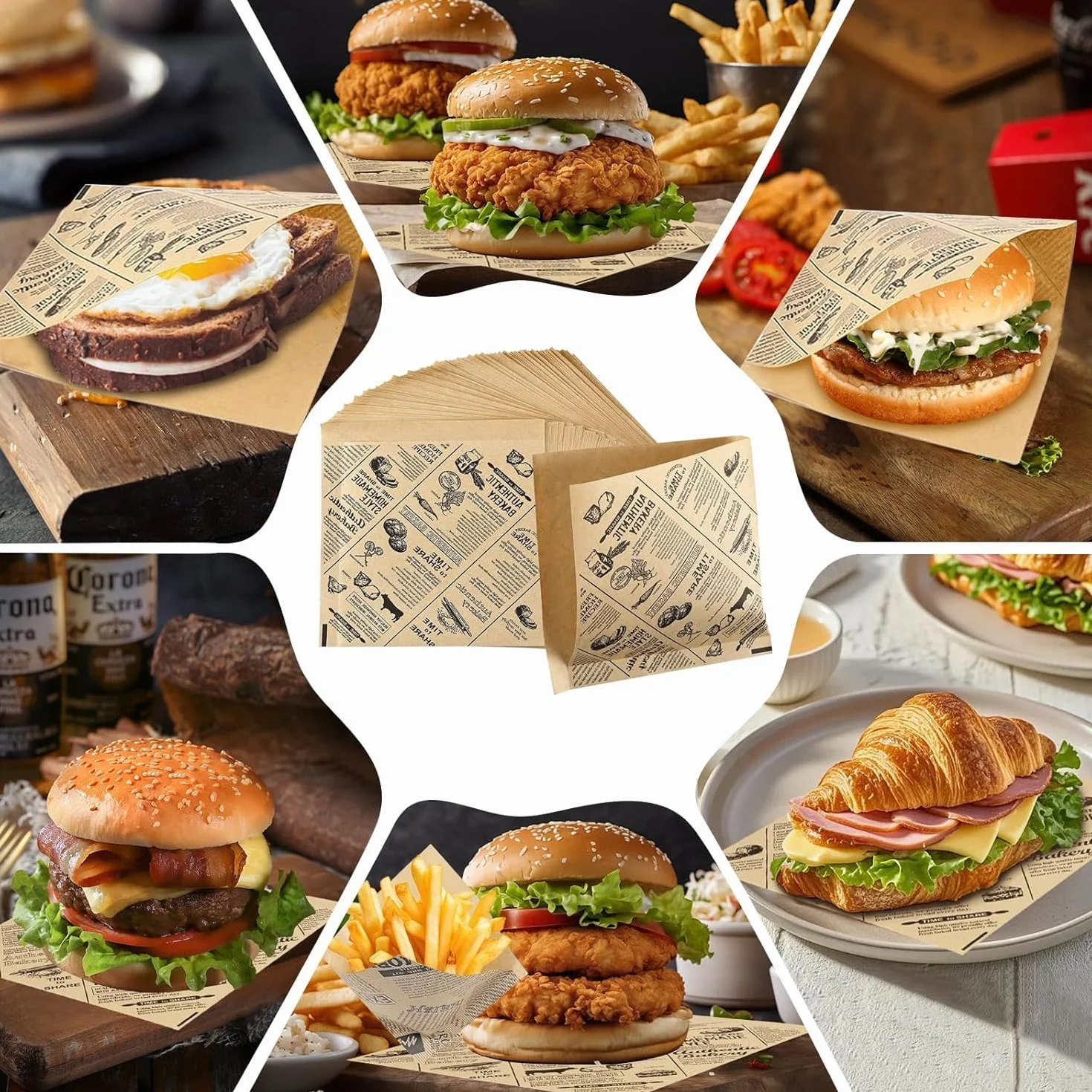 200 sztuk papieru do burgerów, do hamburgerów, kanapek, wrapów i frytek, odporne na tłuszcz, papier spożywczy na przekąski, piknik, imprezę i do gastronomii (15 x 15 cm)