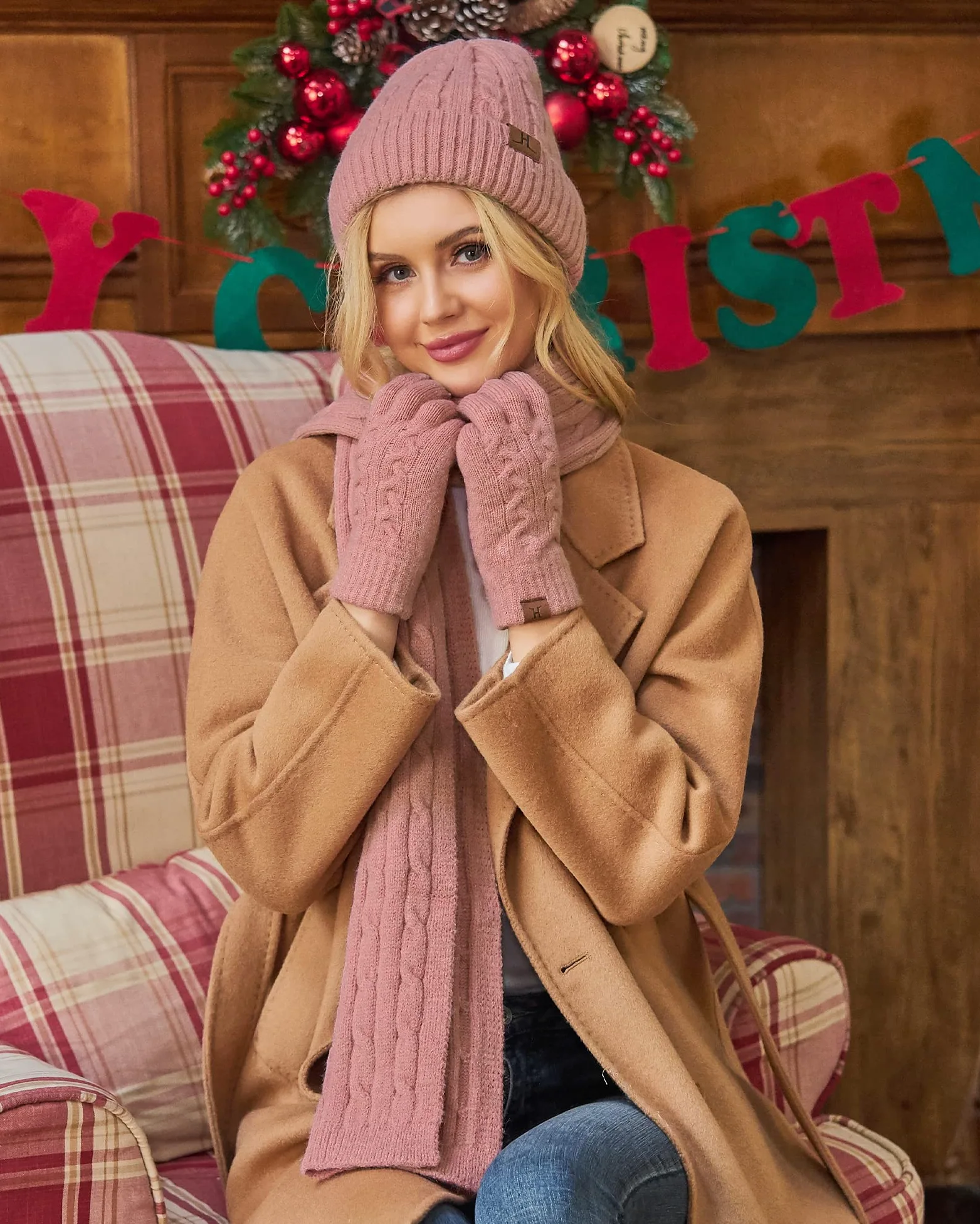 ZASFOU Zestaw zimowy - damska czapka, szalik, rękawiczki do ekranu dotykowego, termiczna, dzianinowa czapka beanie, szalik zimowy, rękawiczki zimowe, prezent dla kobiet, Rosa, jeden rozmiar
