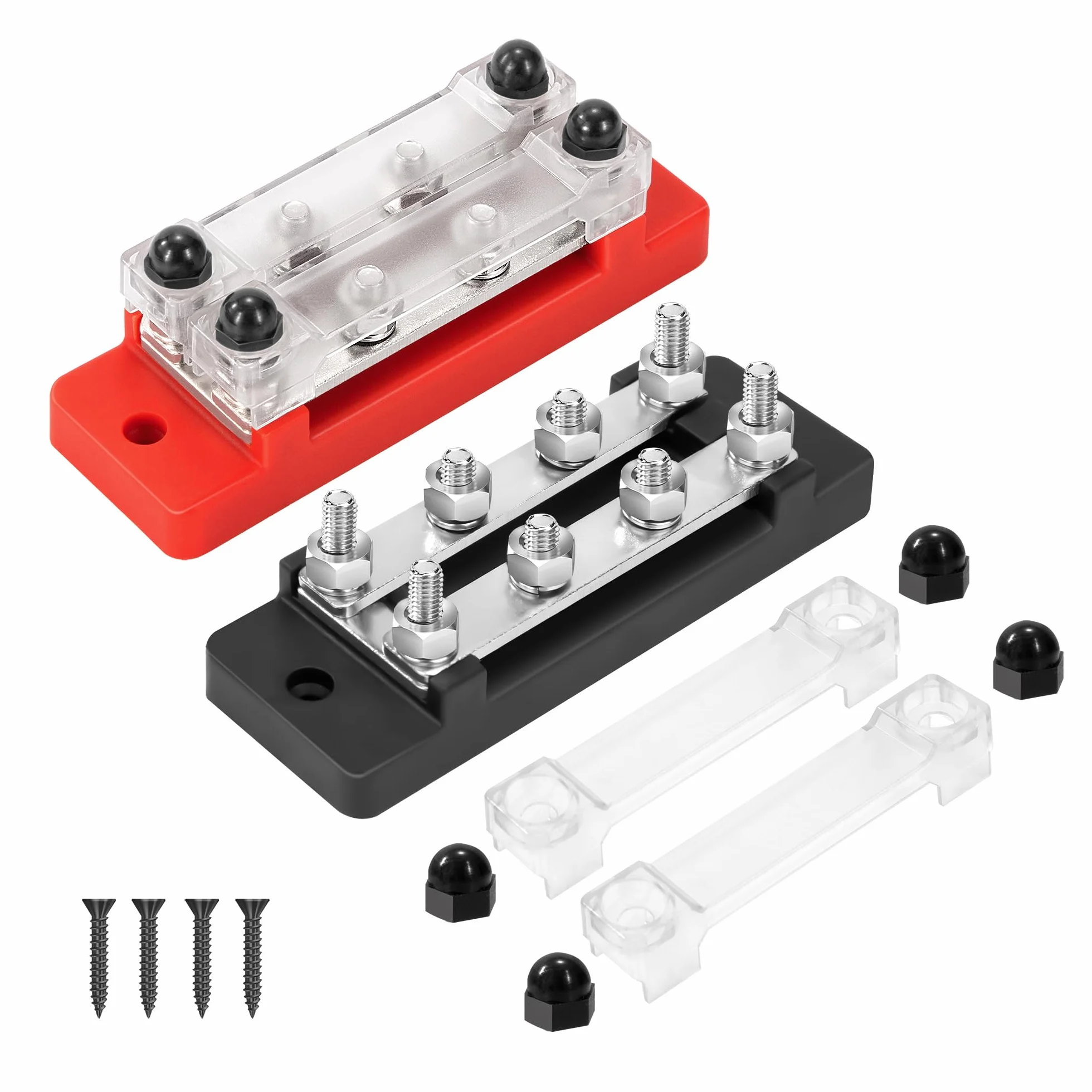 Blok dystrybucji zasilania 12 V-48 V DC Busbar 150A 2-drożny blok zacisków z 8 x M6 Czerwony i czarny zacisk śrubowy do samochodu łodzi czerwony i czarny 2 sztuki