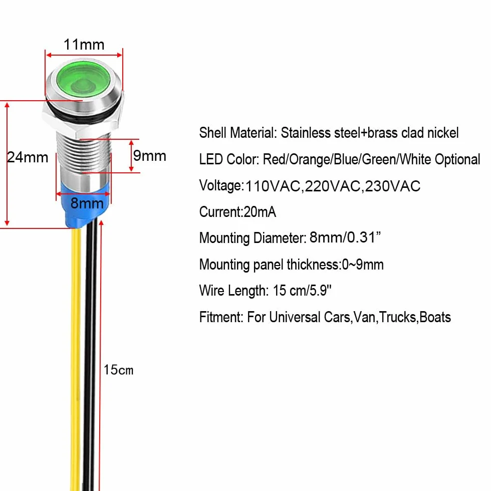 Gebildet 5 Sztuk 8mm 230V Ac Led Metalowy Wskaźnik Świetlny Wodoodporna Lampka Sygnalizacyjna (Zielona)