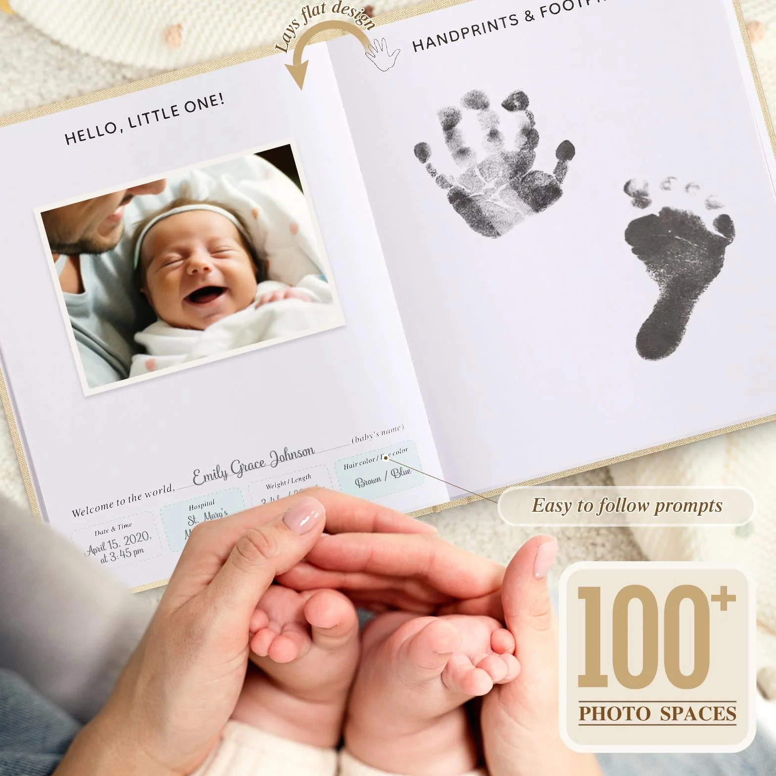 Lanpn Album ze zdjęciami dla dziecka Pierwszy 5 Rok dla chłopca dziewczynki, The Story of Your Baby Memory Book, Pamiętnik Baby Book, Dziennik dla noworodków Prezent (beżowy, angielski, 154 strony)