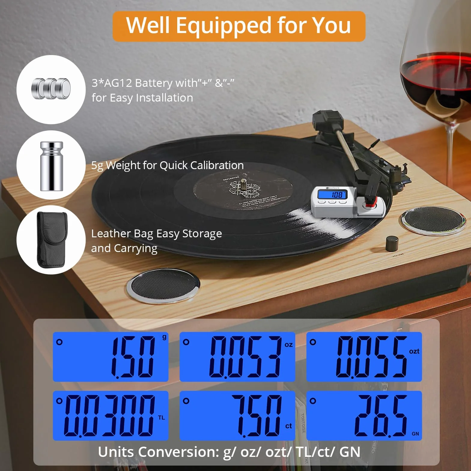 Neoteck Cyfrowa skala ramienia gramofonowego Tester siły nacisku ramienia gramofonowego Tester siły nacisku ramienia gramofonowego 0.01g Niebieskie podświetlenie LCD dla ramienia gramofonowego - srebr