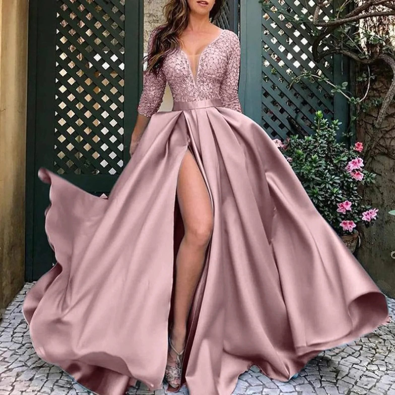 Damska suknia balowa elegancka z długim rękawem formalna okazja suknia wieczorowa zawijana dekolt w serek marszczona bodycon sukienka koktajlowa maxi