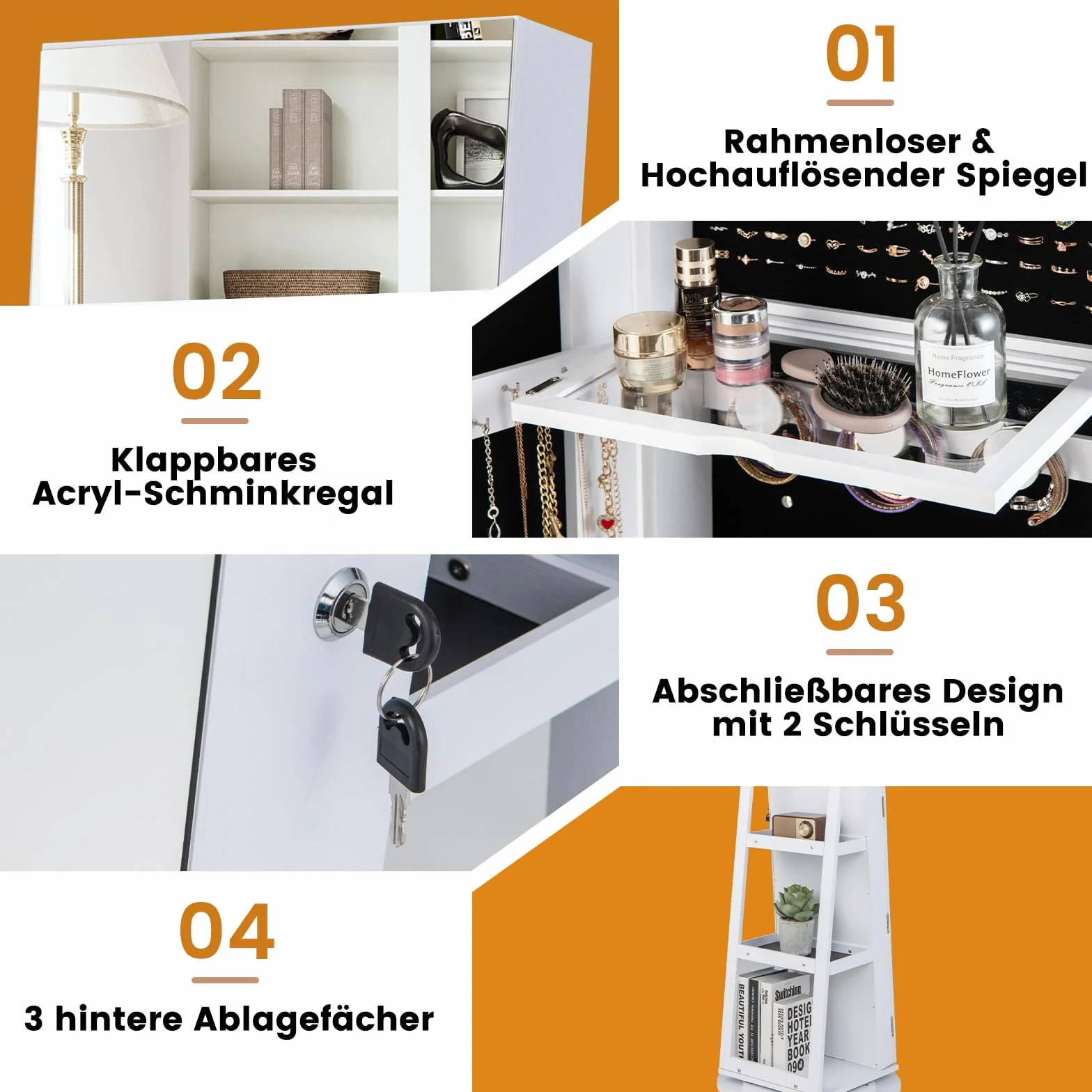 COSTWAY Szafka na biżuterię z lustrem na całe ciało, szafka z lustrem LED, bez ramy, organizer na biżuterię, obracany o 360° i zamykany, do przechowywania biżuterii (biała)