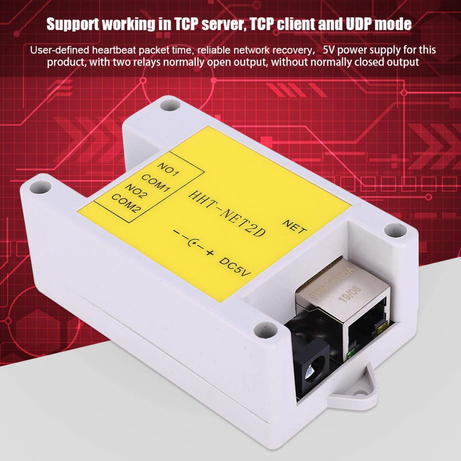Przekaźnik sieciowy IP, moduł przekaźnika sieciowego IP 2-kanałowy pilot zdalnego sterowania do Smart Home Control DC5V HHT-NET2D, obsługa serwera /klientu/trybu UDP