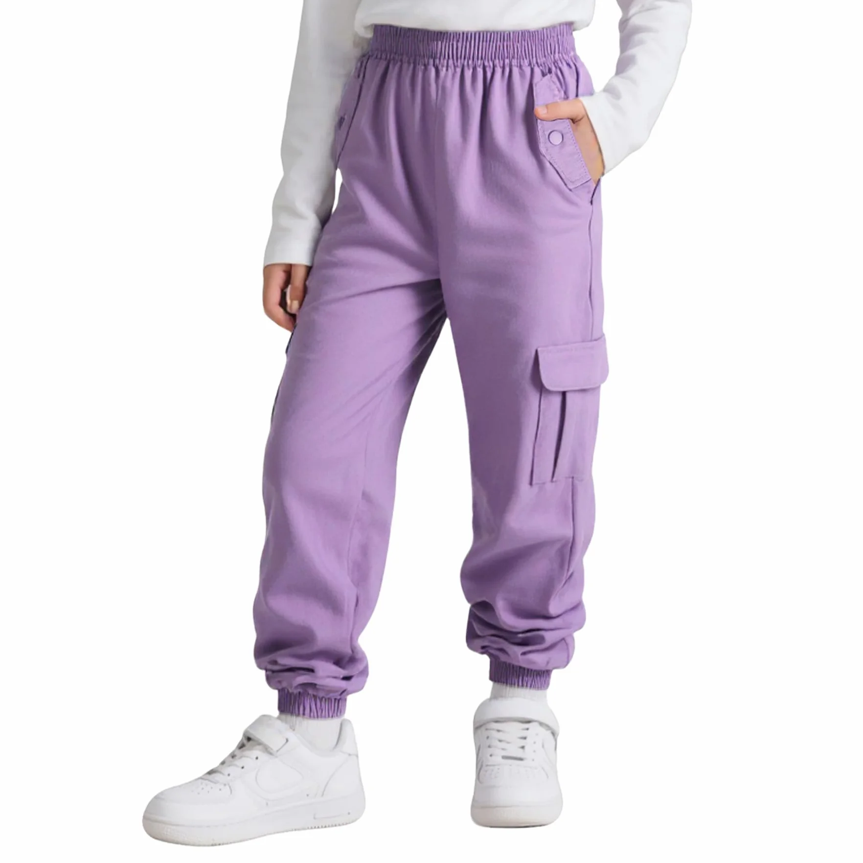 Spodnie cargo dla dziewcząt, bawełna, dziecięce spodnie do biegania, miękkie, oddychające, cargo z elastycznym ściągaczem i kieszeniami, streetwear, spodnie sportowe, spodnie rekreacyjne na