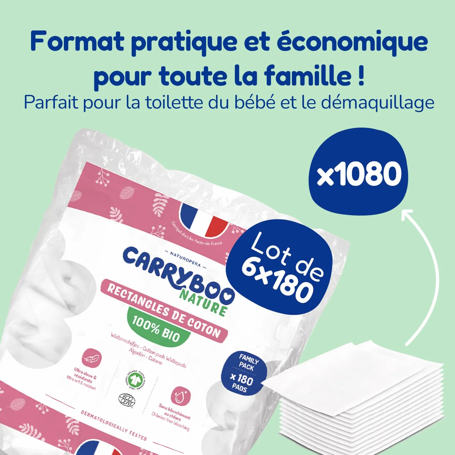 Carryboo - 1080 kwadratów bawełny niemowlęcej - 100% naturalne włókno i bawełna organiczna - ekologiczny produkt dla niemowląt z certyfikatem Gots - do higieny niemowląt - Zestaw 6 x 180 podkładek