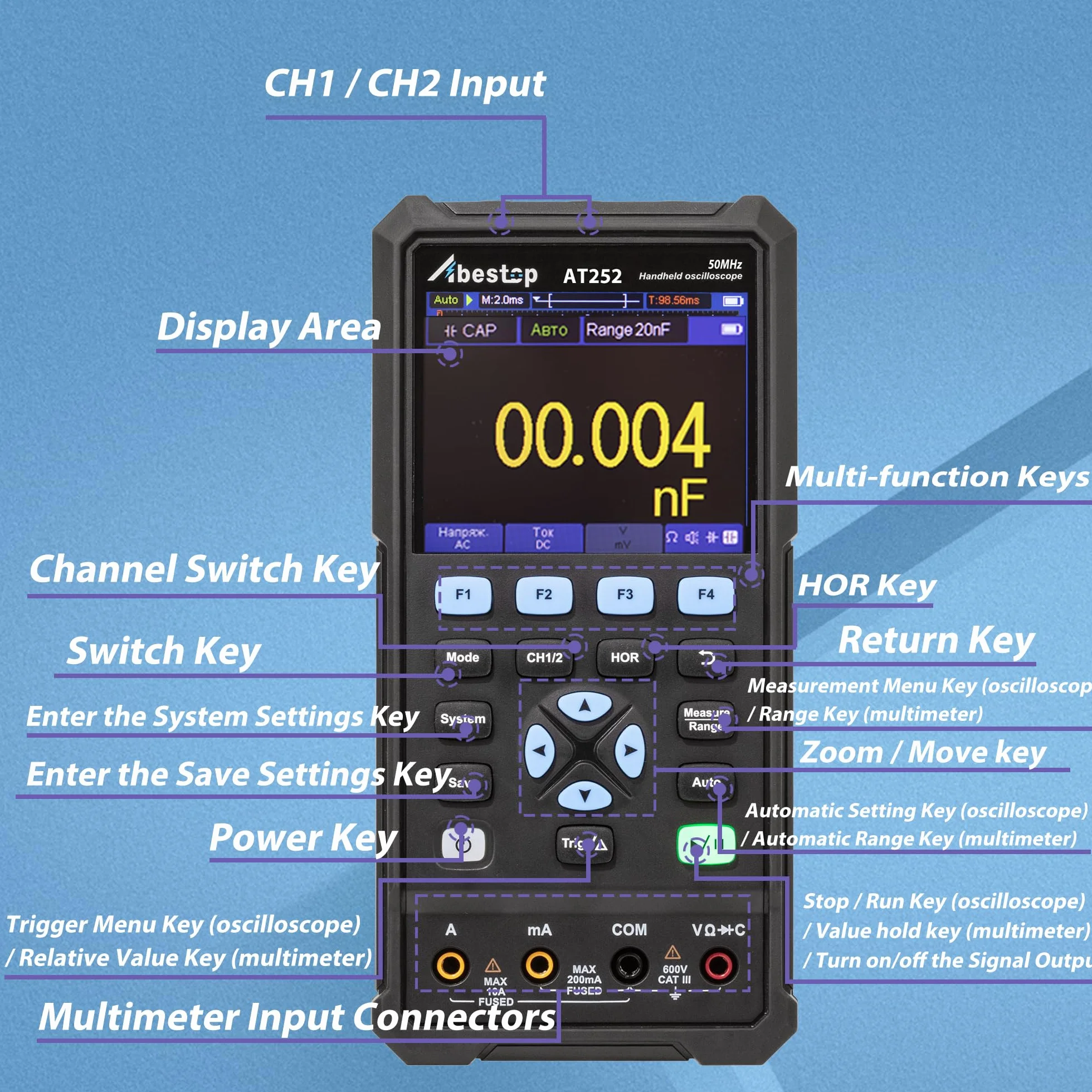 Abestope AT252 50MHz Bandwidth Oscilloscope Handheld Digital 2 in 1 Oscilloscope + Multimeter with 2 Channels and 3.5 inch LCD