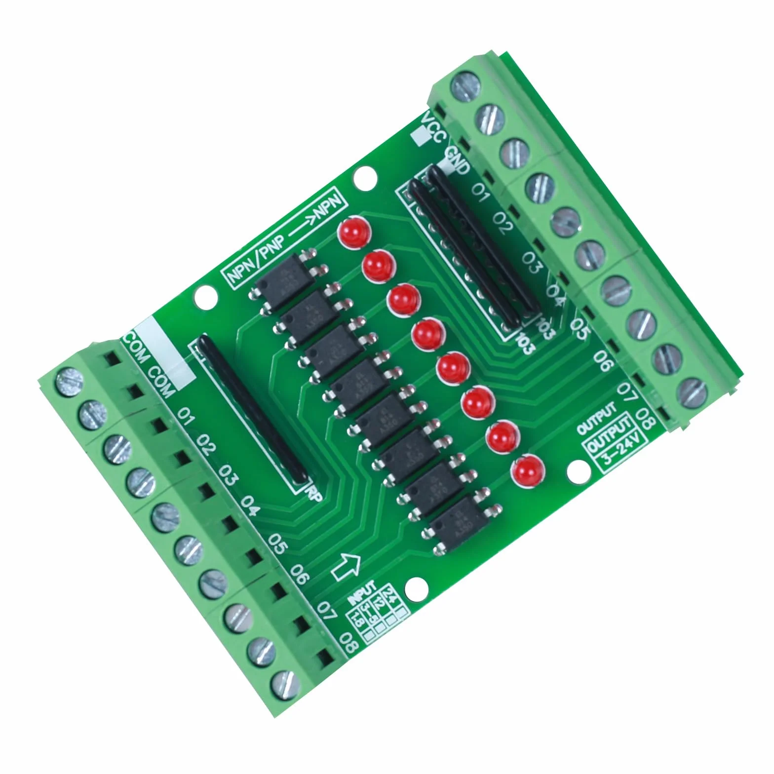 Płytka izolacyjna transoptora, moduł izolacji transoptora 8CH DC 3,3 V 5 V 8-kanałowy PNP NPN konwerter sygnału wyjściowego niskiego wysokiego poziomu