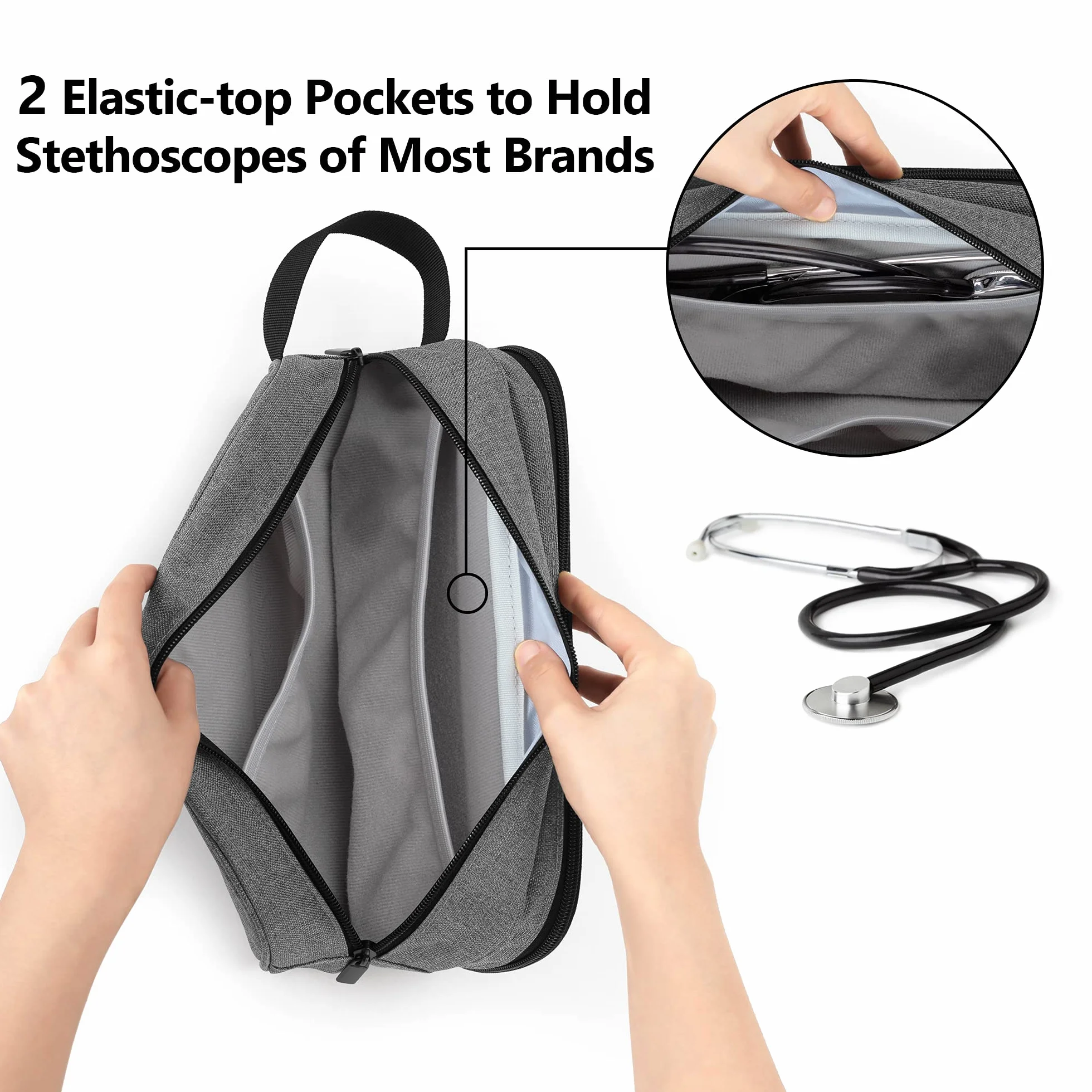 Trunab Stetoskop torba do noszenia kompatybilna z 3M Littmann/MDF/ADC, trzymająca dwa stetoskopy lub mankiety BP, medyczna obudowa z dodatkową kieszenią na akcesoria dla pielęgniarek, niezbędne akcesoria dla pielęgniarek, lekarzy, szary