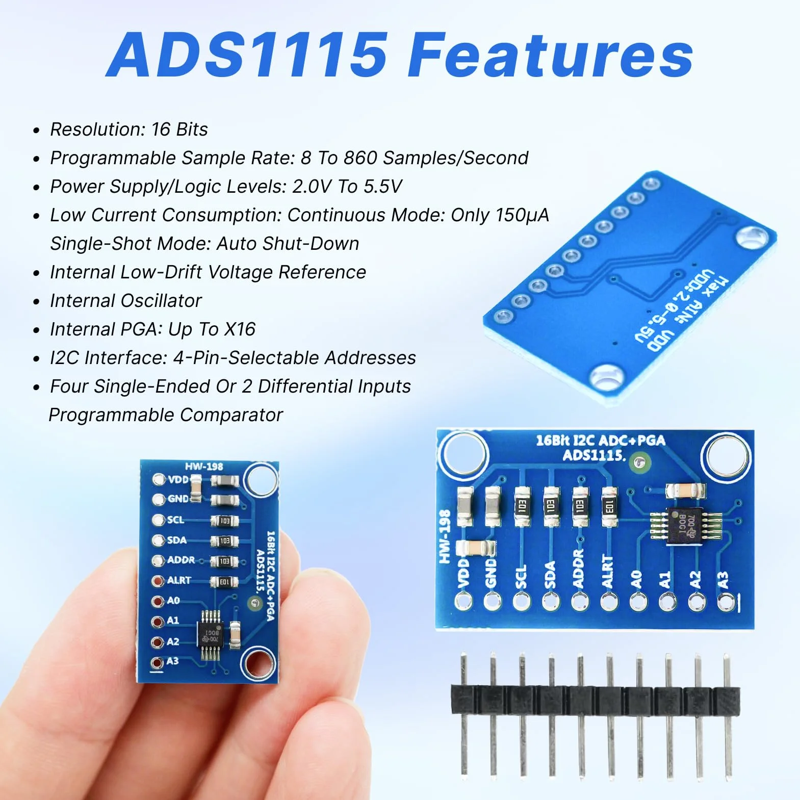3 szt. ADS1115 16-bitowy moduł adc 16-bitowy 4-kanałowy konwerter analogowo-cyfrowy z interfejsem I2C do mikrokontrolerów dla Arduino, Raspberry Pi i ESP32 ads1115 for adafruit