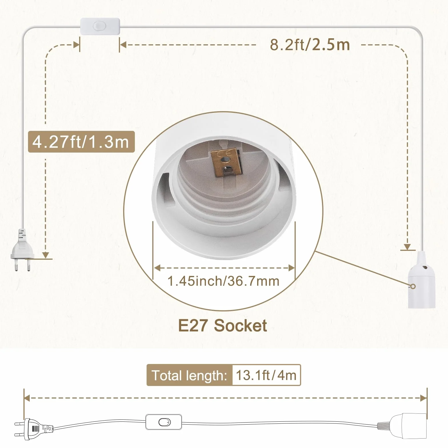 DiCUNO Oprawa lampa E27 z przełącznikiem, gwint E27 z kablem sieciowym 4 m i wtyczką EU, do zawieszenia, projektów DIY, biała, 1 sztuka