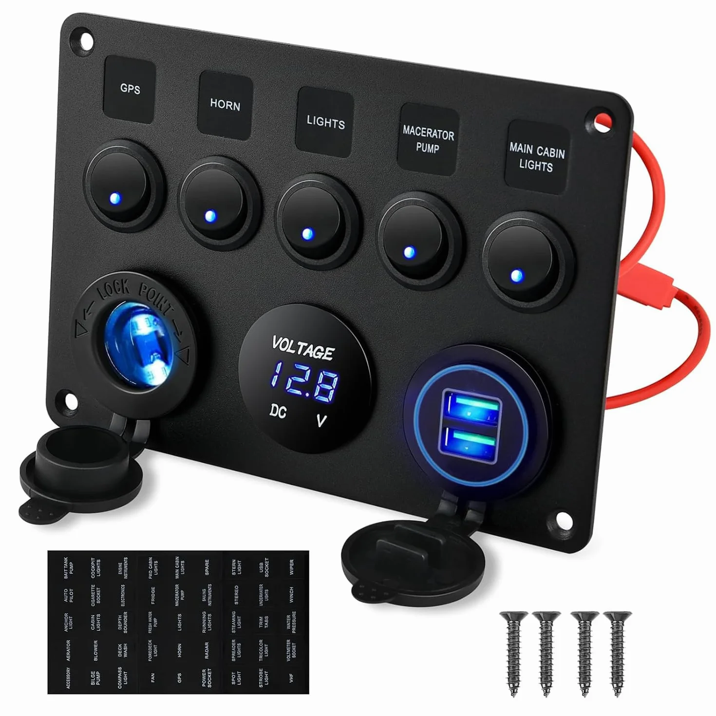 Gebildet 5-biegowa Wielofunkcyjna 5-biegowa Podwójna ładowarka USB + Woltomierz Cyfrowy + Gniazdko 12 V, Wstępnie Okablowana Tablica Rozdzielcza z Wyłącznikami do Kampera, Samochodu, łodzi,
