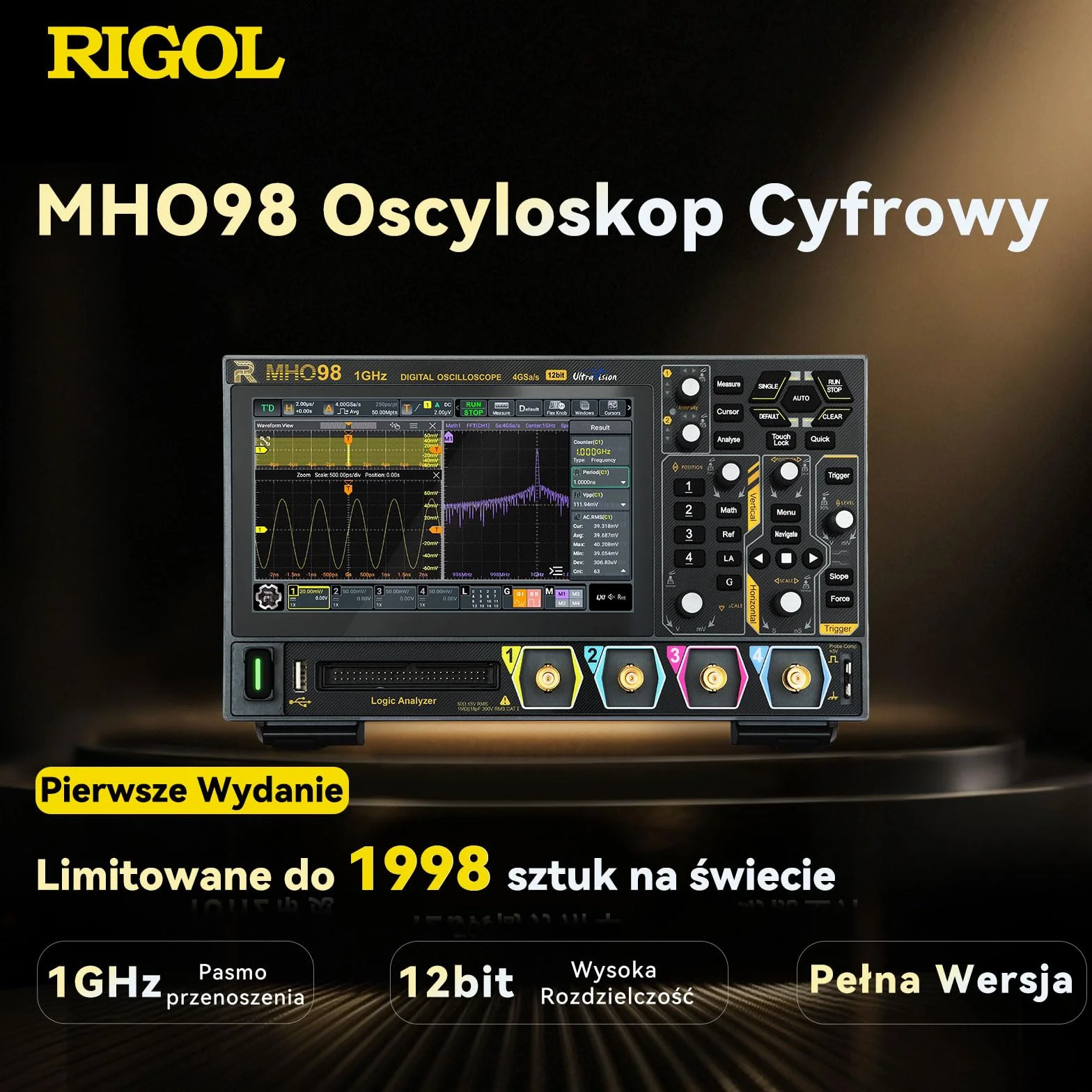 RIGOL MHO98 Oscyloskop Cyfrowy, 1GHz, 4GSa/s, 12-bit, 4+16 Kan., Wbudowany AFG, Wi-Fi & Bluetooth, Zasilanie Type-C, Ultra-przenośny