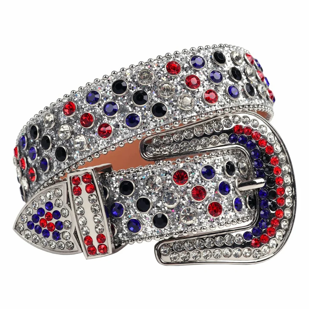 Moda Western Bling kryształ górski pasek kolorowy diament luksusowy sznurek z ćwiekami pasek damski męski do dżinsów niebieski 112 cm