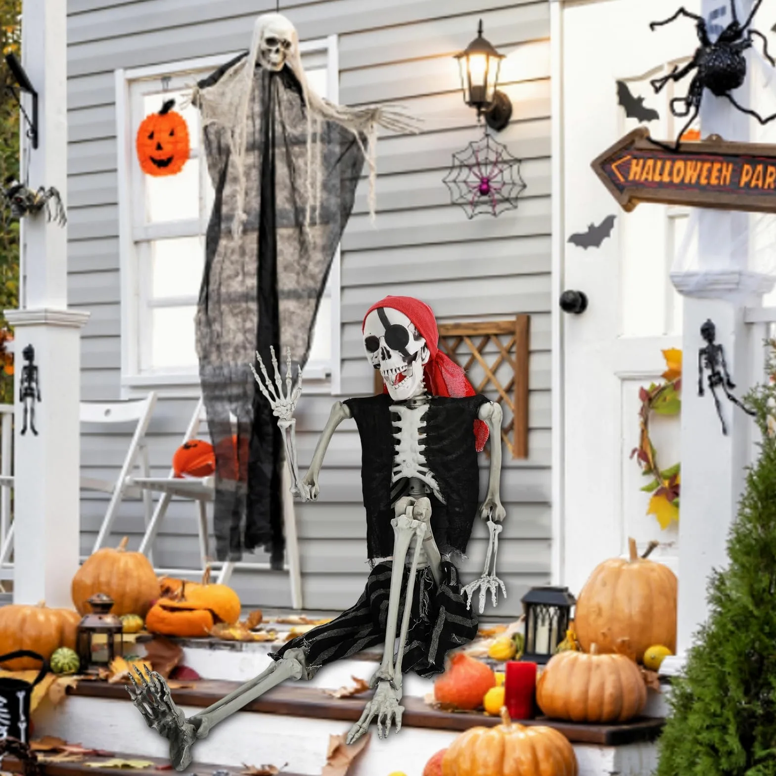 Grebest Szkielet na Halloween, szkielet naturalnej wielkości, możliwy szkielet całego ciała z ruchomymi stawami, strój pirata, wiszący rekwizyt szkieletu do wewnątrz/na zewnątrz nawiedzony dom