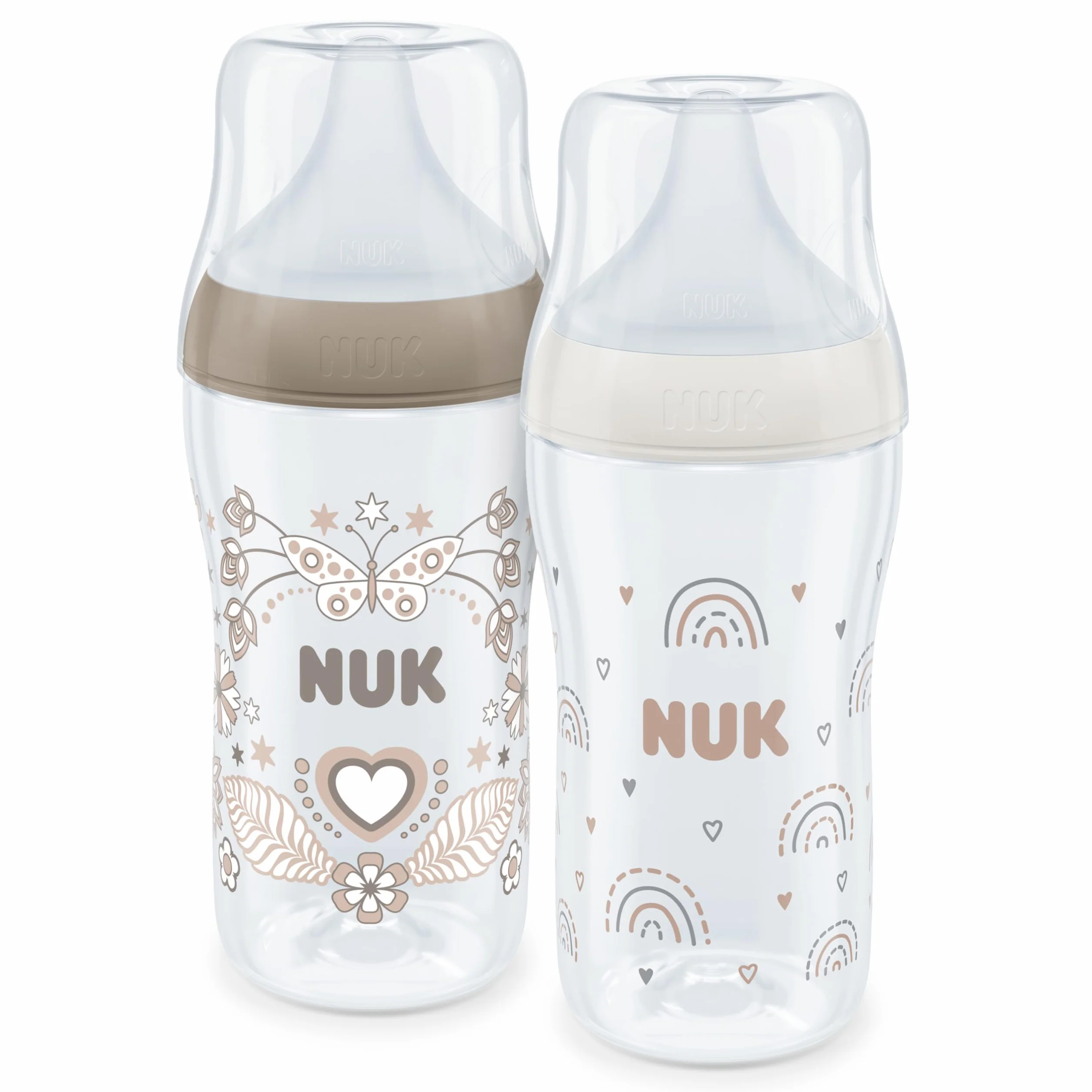 NUK Perfect Match Zestaw butelek dla niemowląt | 3+ miesięcy | Dostosowuje się do podniebienia, kontrola temperatury, odpowietrznik antykolkowy, 260 ml, bez BPA, silikonowy smoczek, tęcza i serce, 2