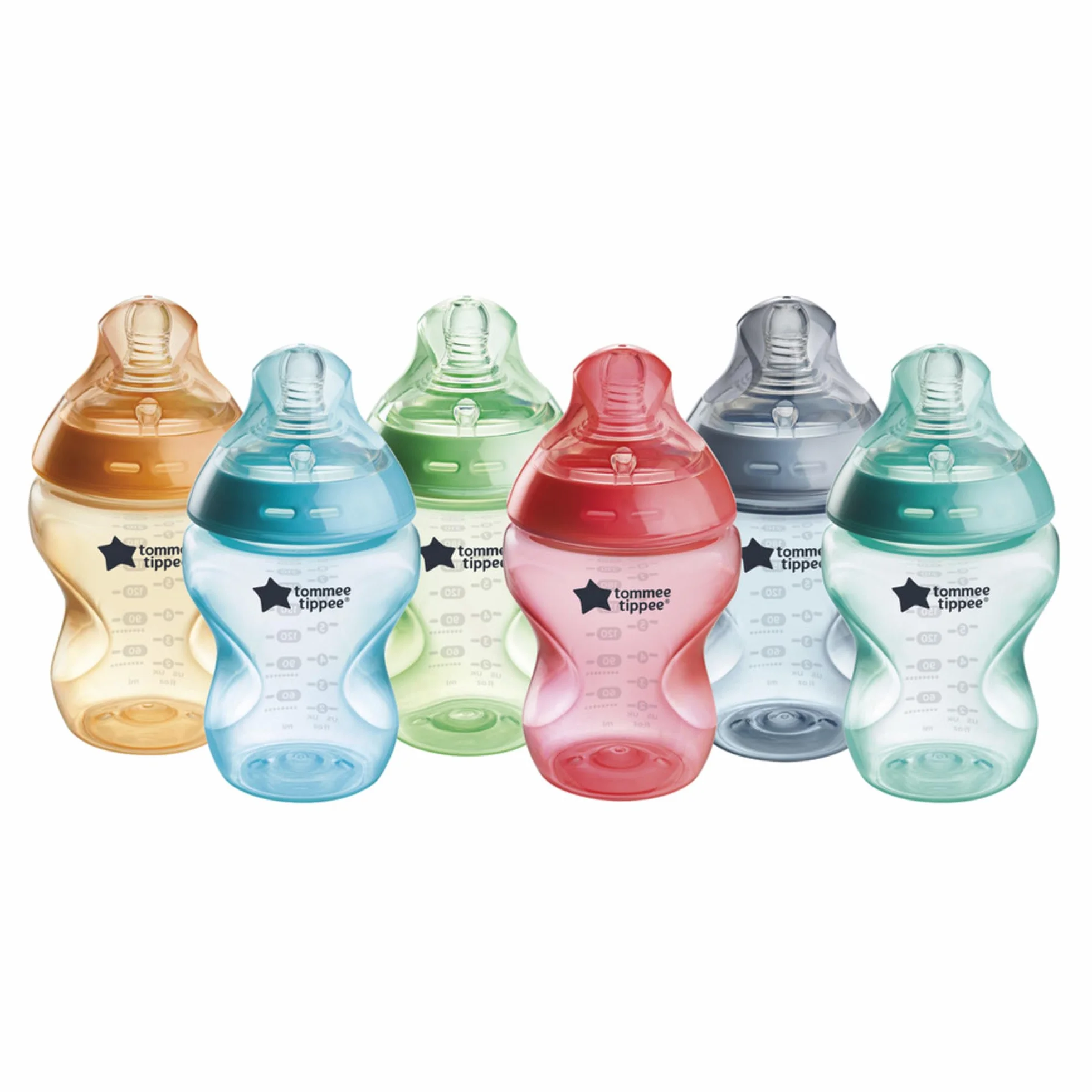 Tommee Tippee Closer to Nature butelki dla niemowląt, naturalnie ukształtowany smoczek z zaworem antykolkowym, 260 ml, zestaw 6 sztuk, Fiesta wielokolorowy