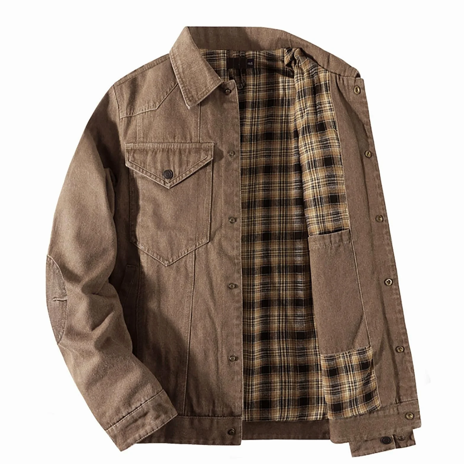 Męska Kurtka Dżinsowa w Kratę z Podszewką Snap Cowboy-Cut Western Classic Slim Fit Vintage Jacket Trucker Coat Brązowa Kurtka Dżinsowa Męska Kurtka z Odkrytymi Klapami z Przodu