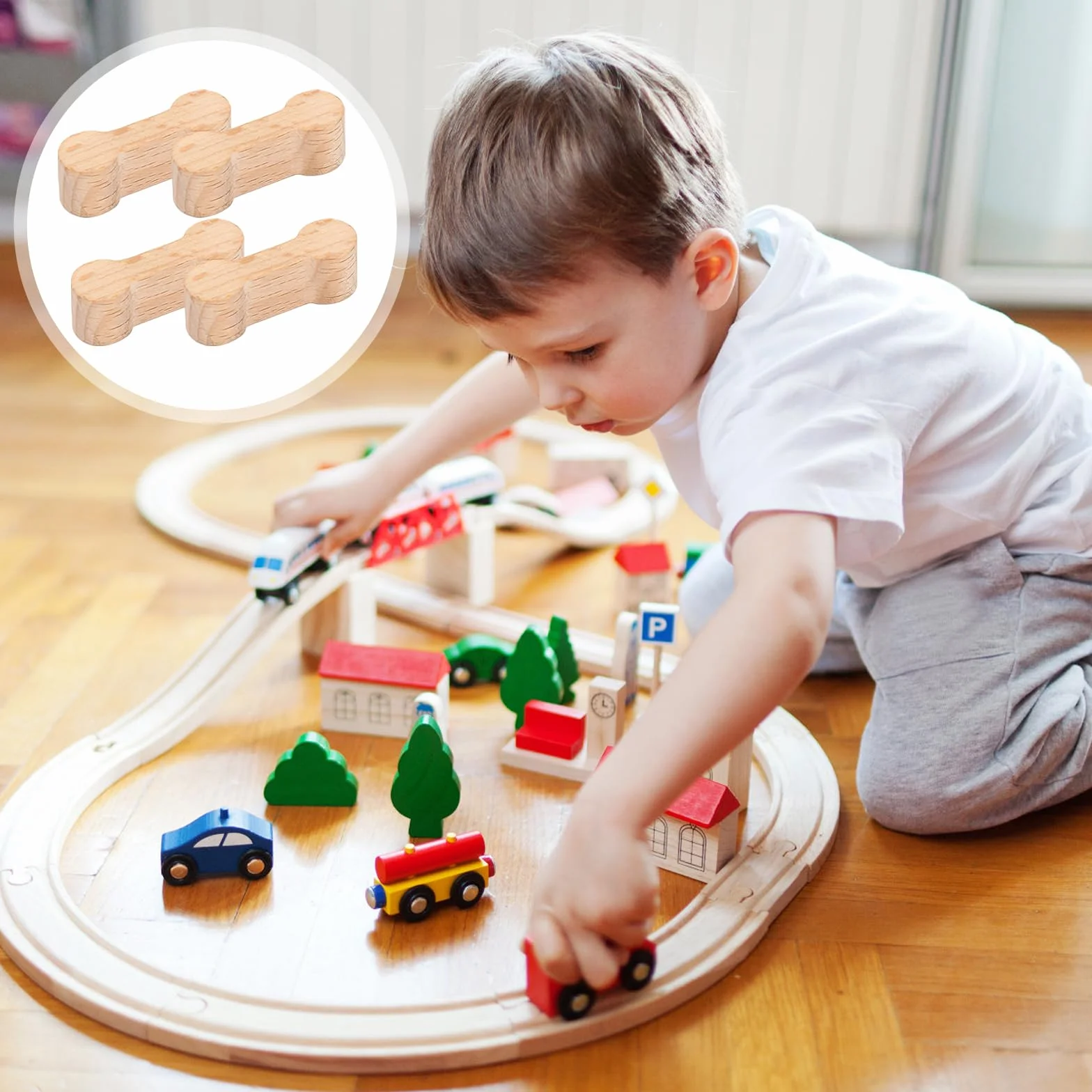 Zestaw 10 uniwersalnych łączników, drewnianych szyn i kości dla psów, kompatybilne z Brio Lillabo, Melissa, Thomas, IKEA