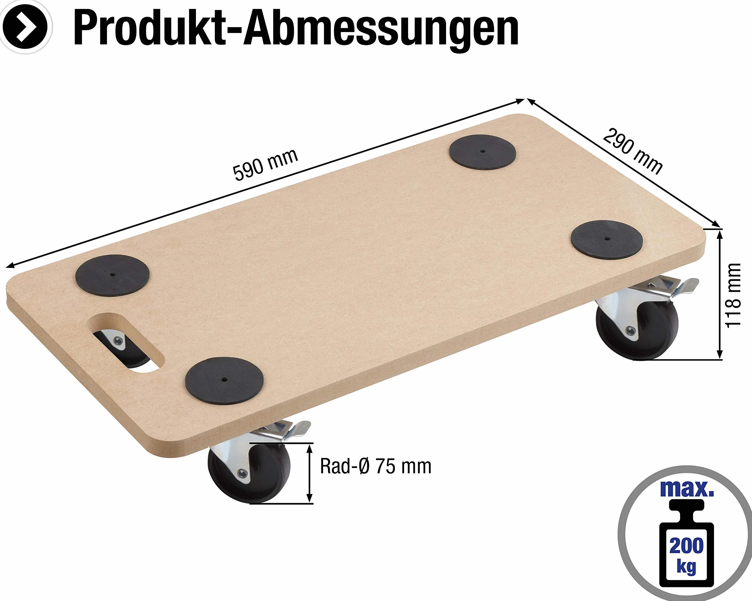 Metafranc Wózek transportowy 590 x 290 mm – nośność 200 kg – płyta MDF – kółka PP/kółka meblowe z hamulcem/pomoc w transporcie/wózek do transportu mebli/wózek do transportu skrzynek z drewna / 821400