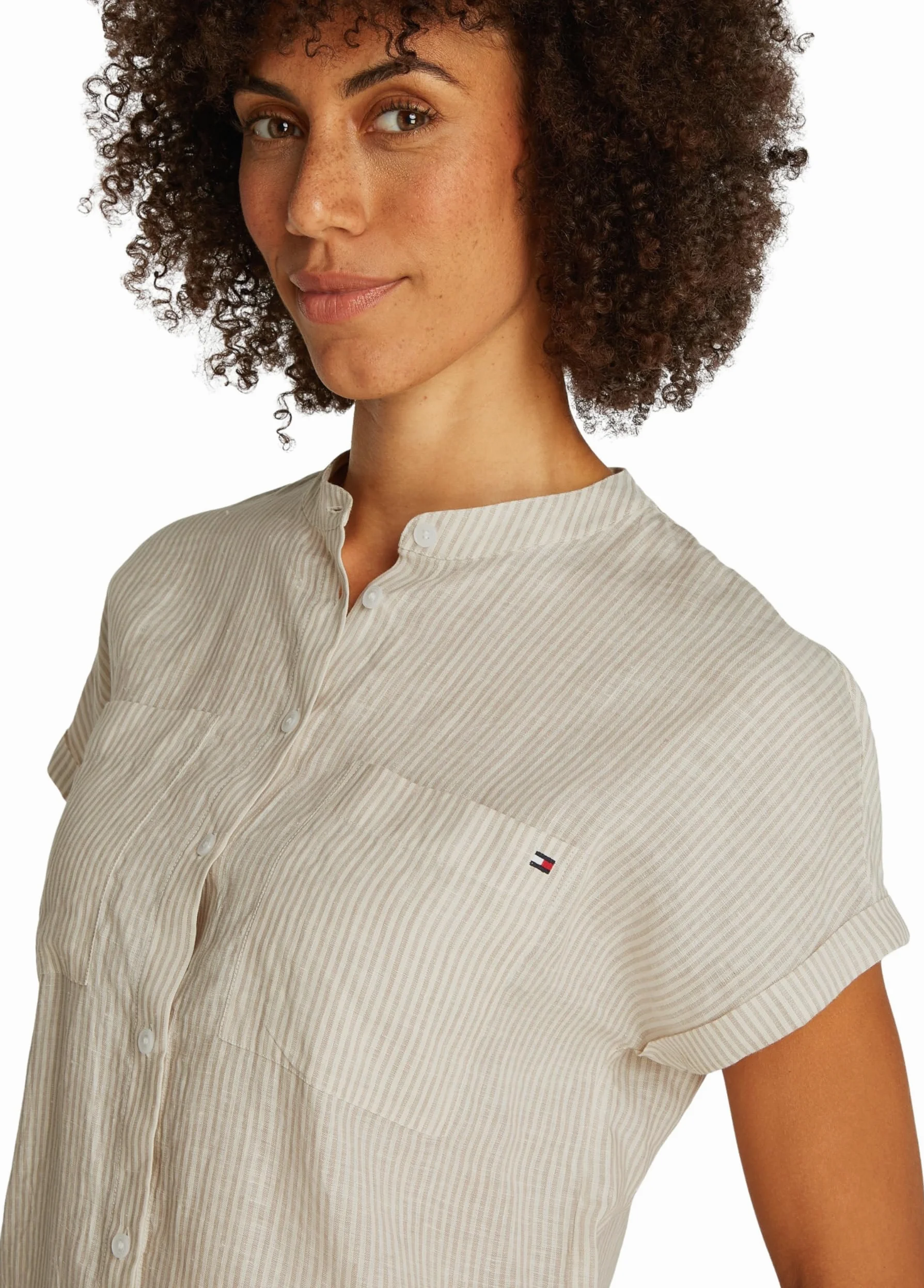 Tommy Hilfiger ESS lniana bluzka bez kołnierza S/S WW0WW44715 Kobiety Ess Linen Collarless S/S Blouse Ww0ww44715