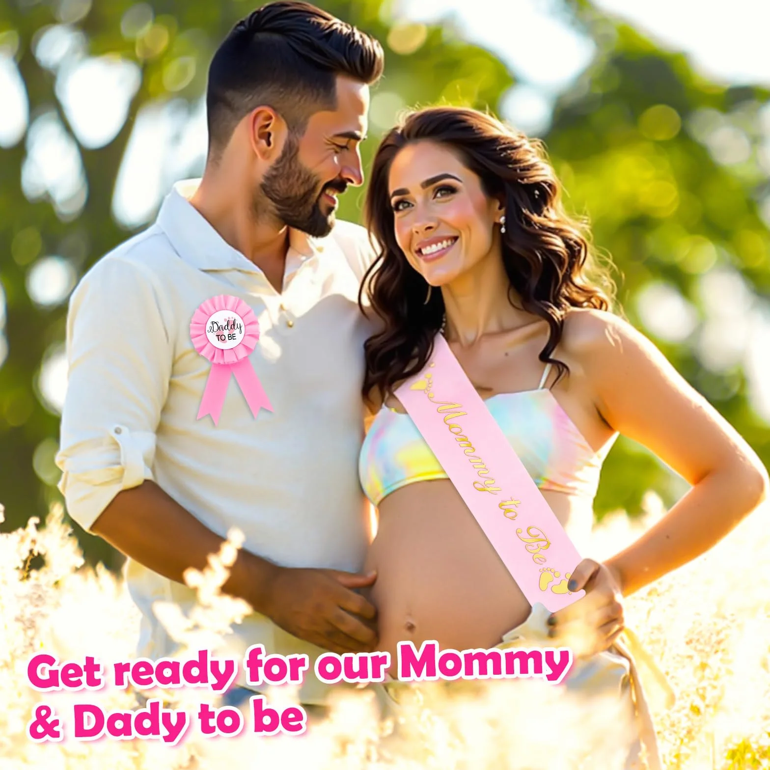 Szarfa 'Mom to Be' ze złotymi brokatowymi literami i odznaką 'Expecting Dad' w zestawie ze wstążką, dekoracje na baby shower dla dziewczyny, prezent na imprezę ujawniającą płeć (różowy)