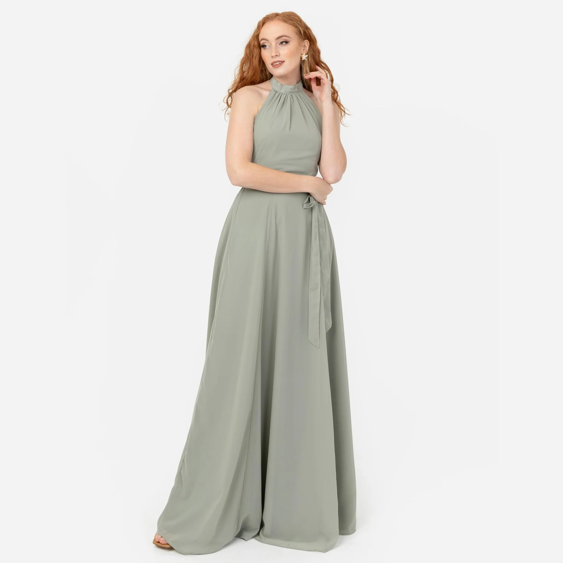 Anaya with Love Women's Maxi Dress Halter Neck A-line Sash Bow Belt Shirred Bridesmaid Wedding Guest Prom Ball Gown Frosty Green 44