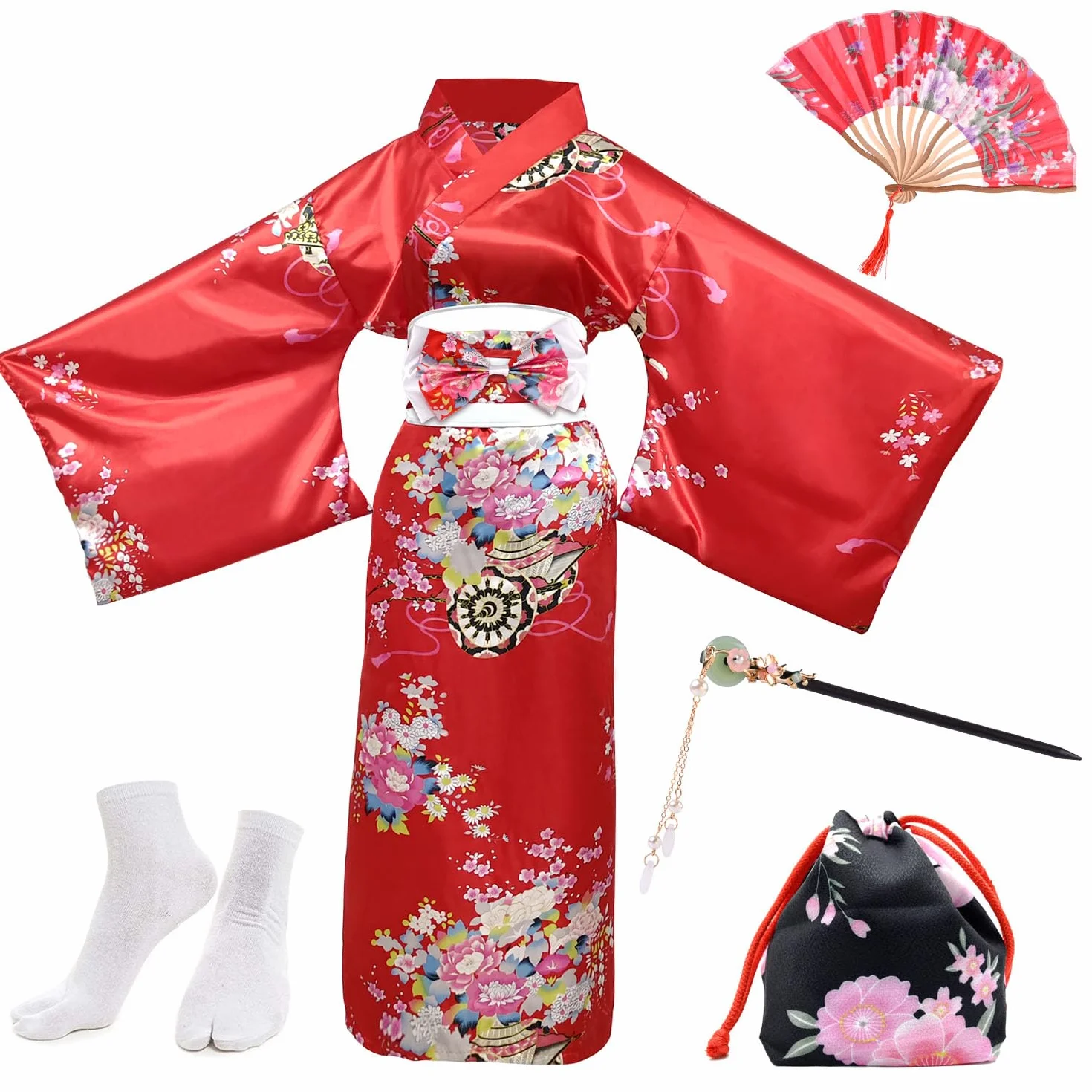 PLULON 5-częściowa japońska sukienka gejsza yukata, kwiatowy satynowy szlafrok kąpielowy ze sznurkiem, wachlarz, szpilka do włosów, zestaw skarpet Tabi dla kobiet